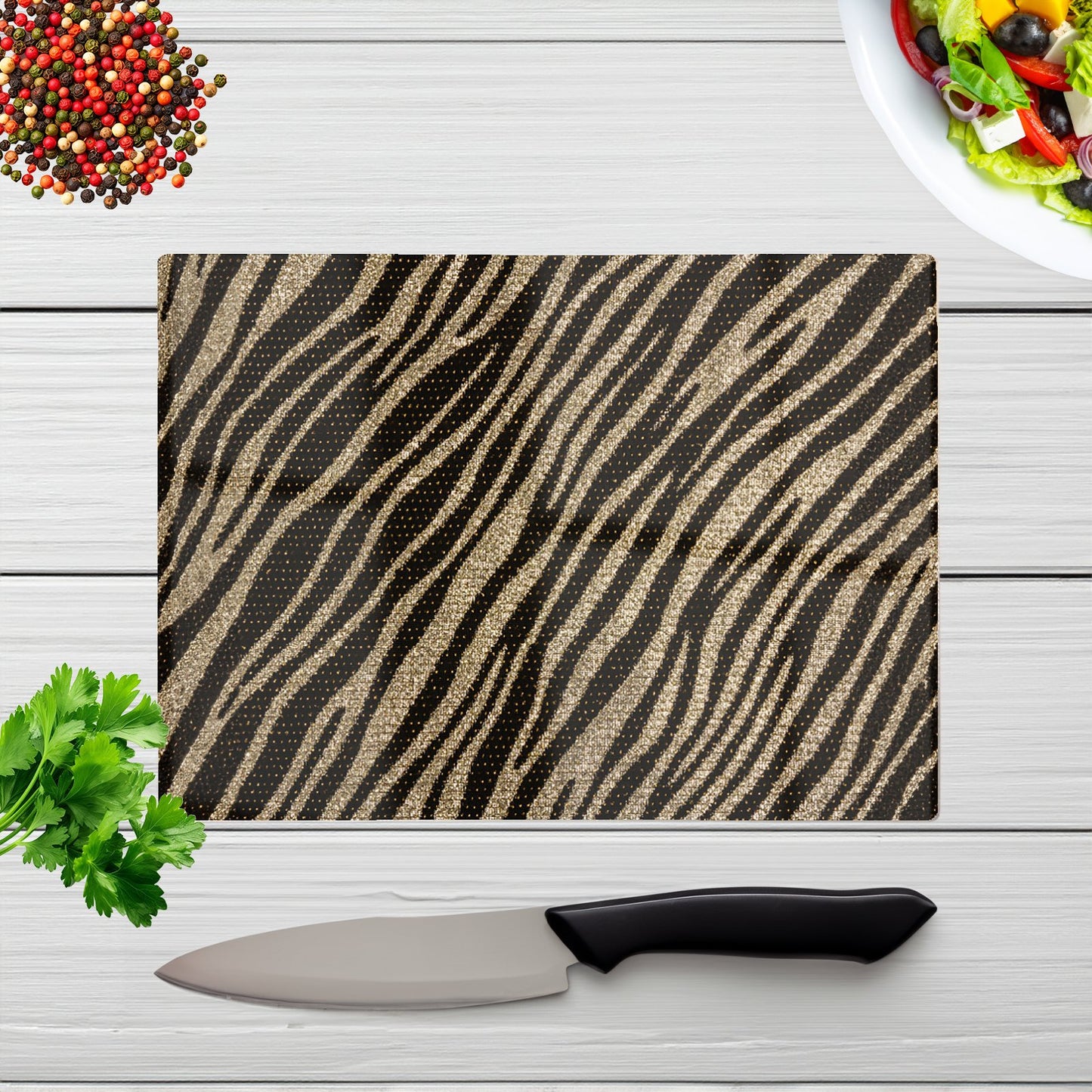 Golden Zebra Print Glass Chopping Board