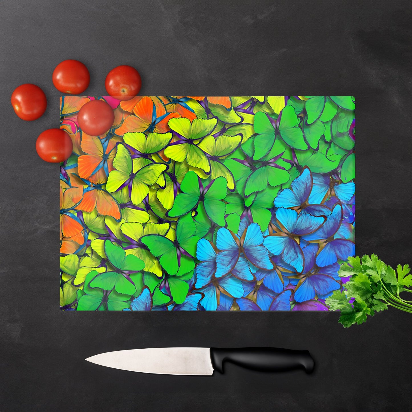 Multicoloured Butterflies Glass Chopping Board