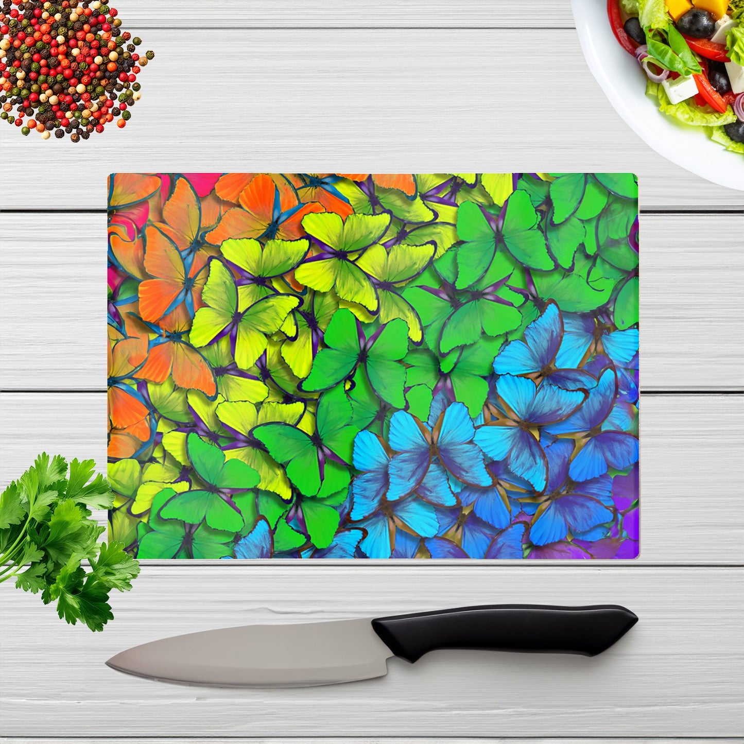 Multicoloured Butterflies Glass Chopping Board