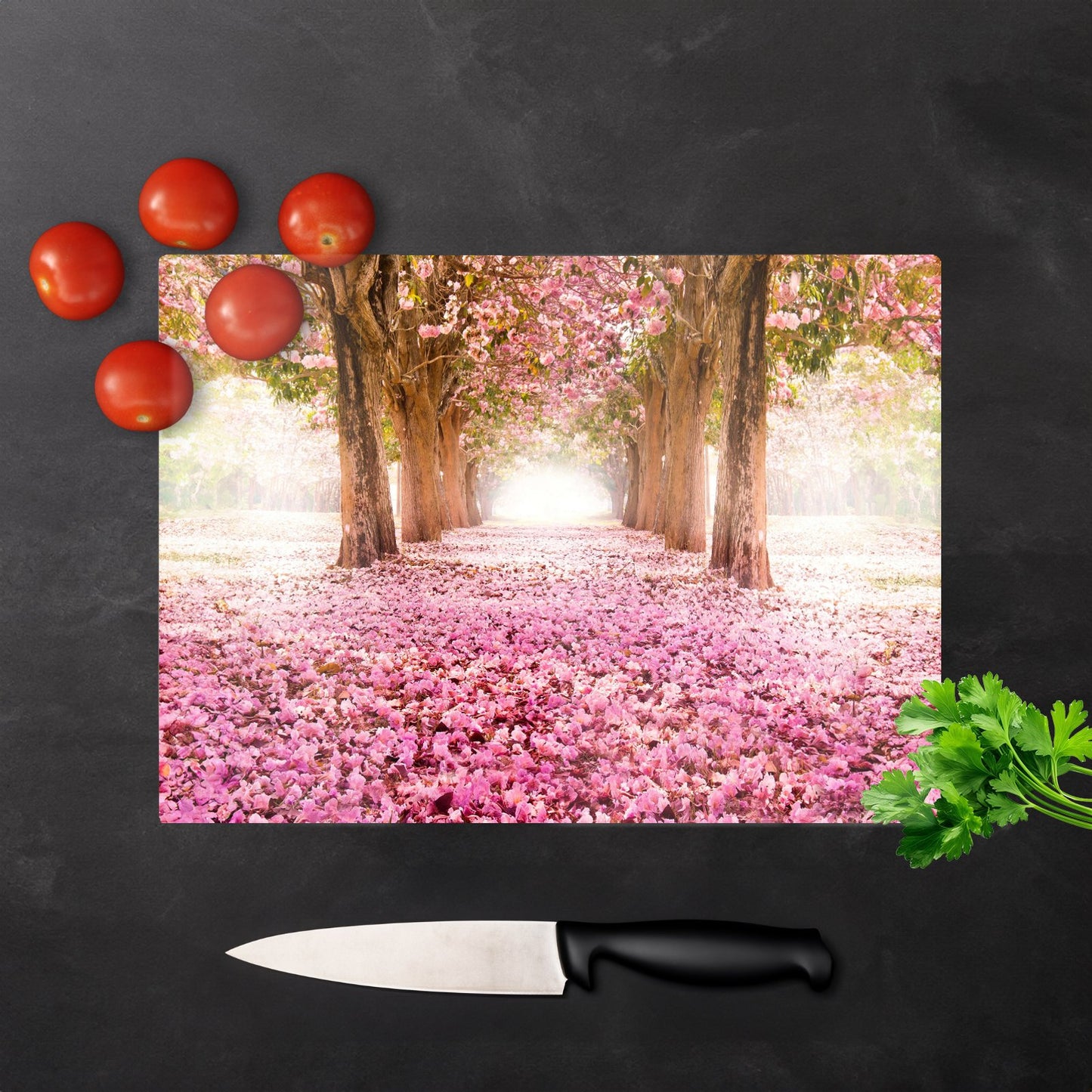 Pink Flower Tree Tunnel Glass Chopping Board