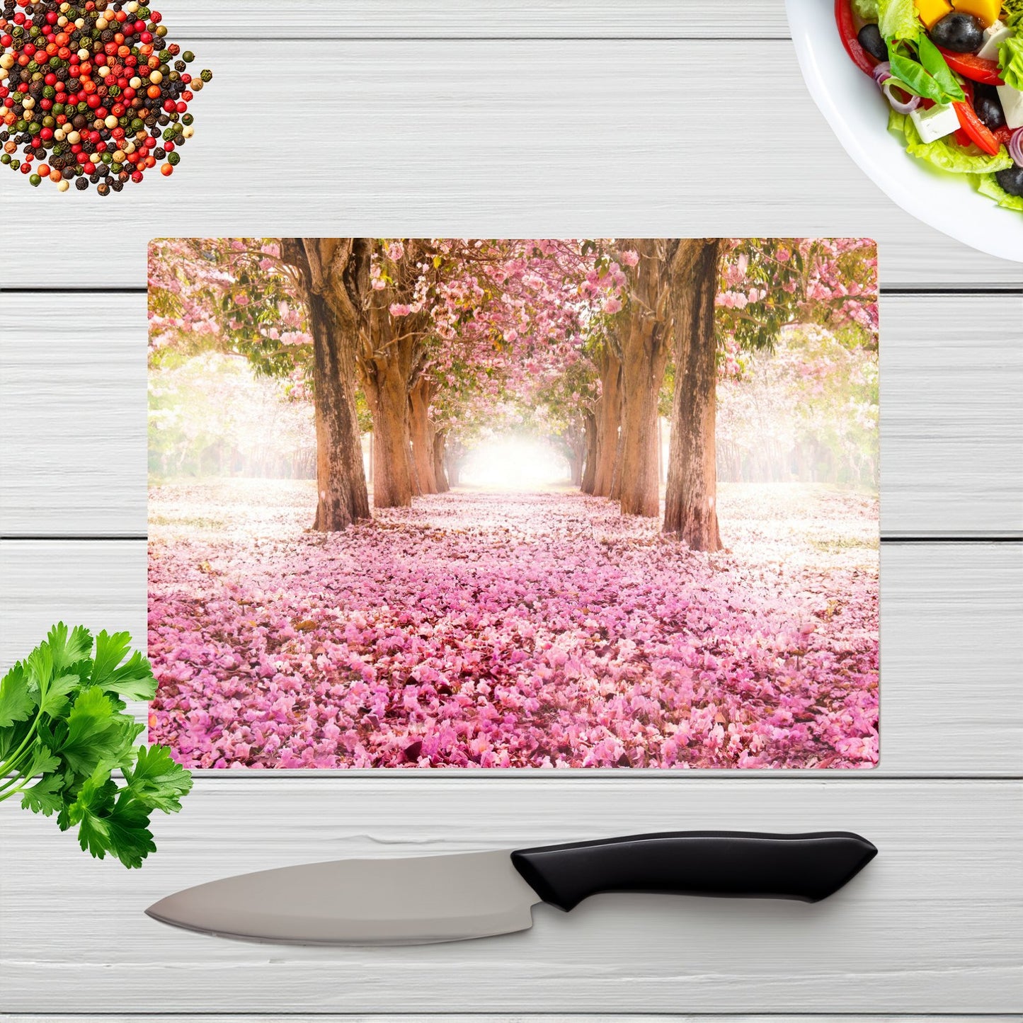 Pink Flower Tree Tunnel Glass Chopping Board