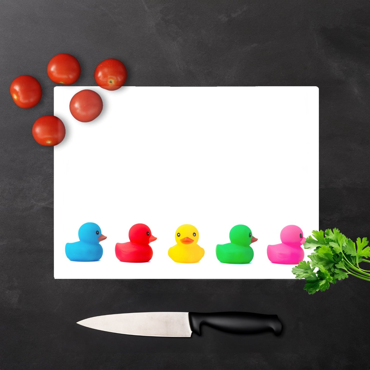 Coloured Rubber Ducks Glass Chopping Board