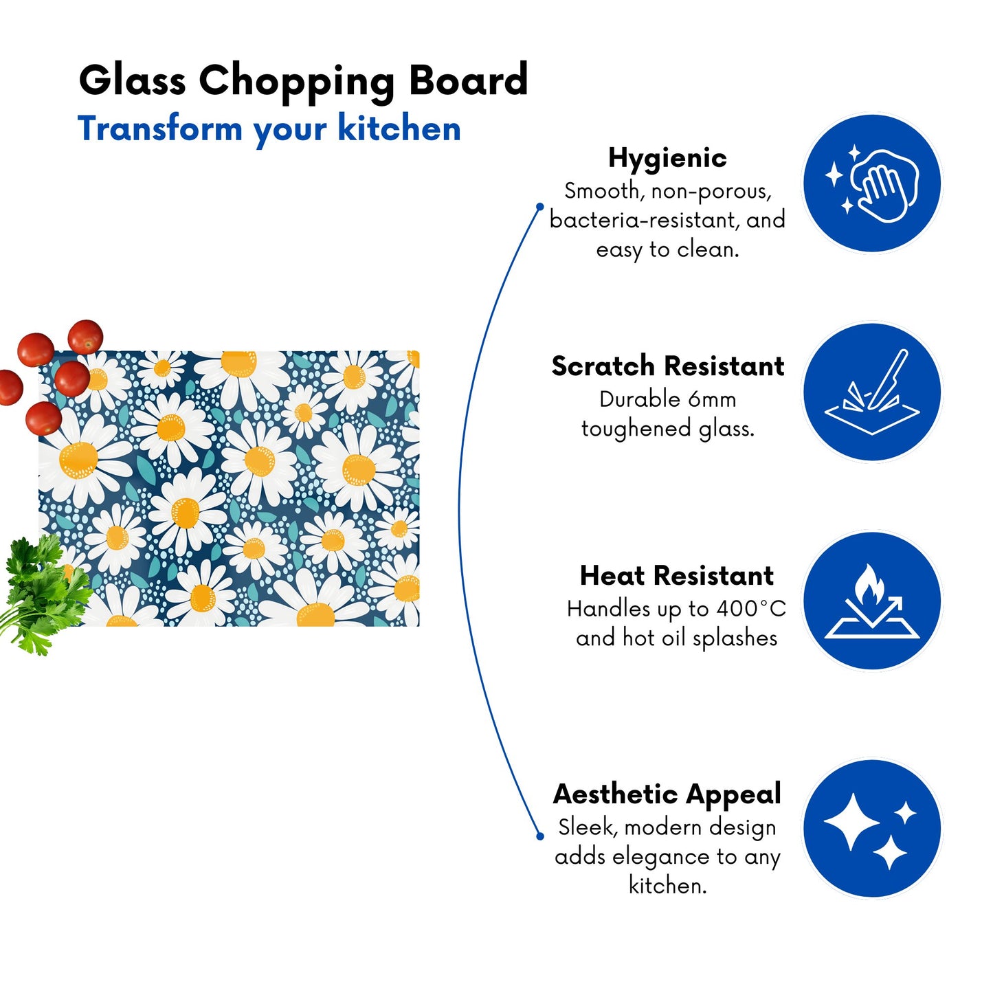 Camomile Flowers Glass Chopping Board
