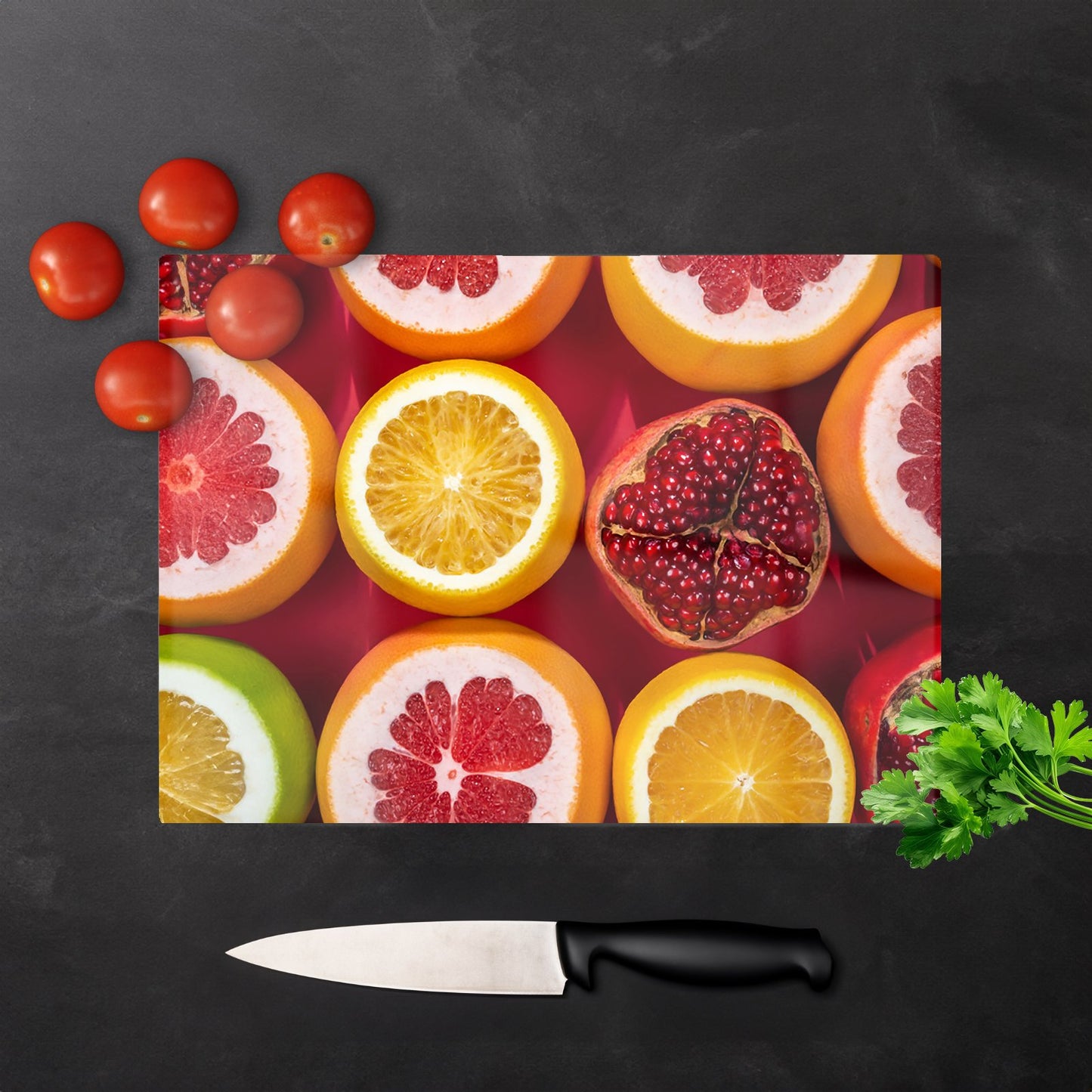 Citrus And Pomegranate Glass Chopping Board