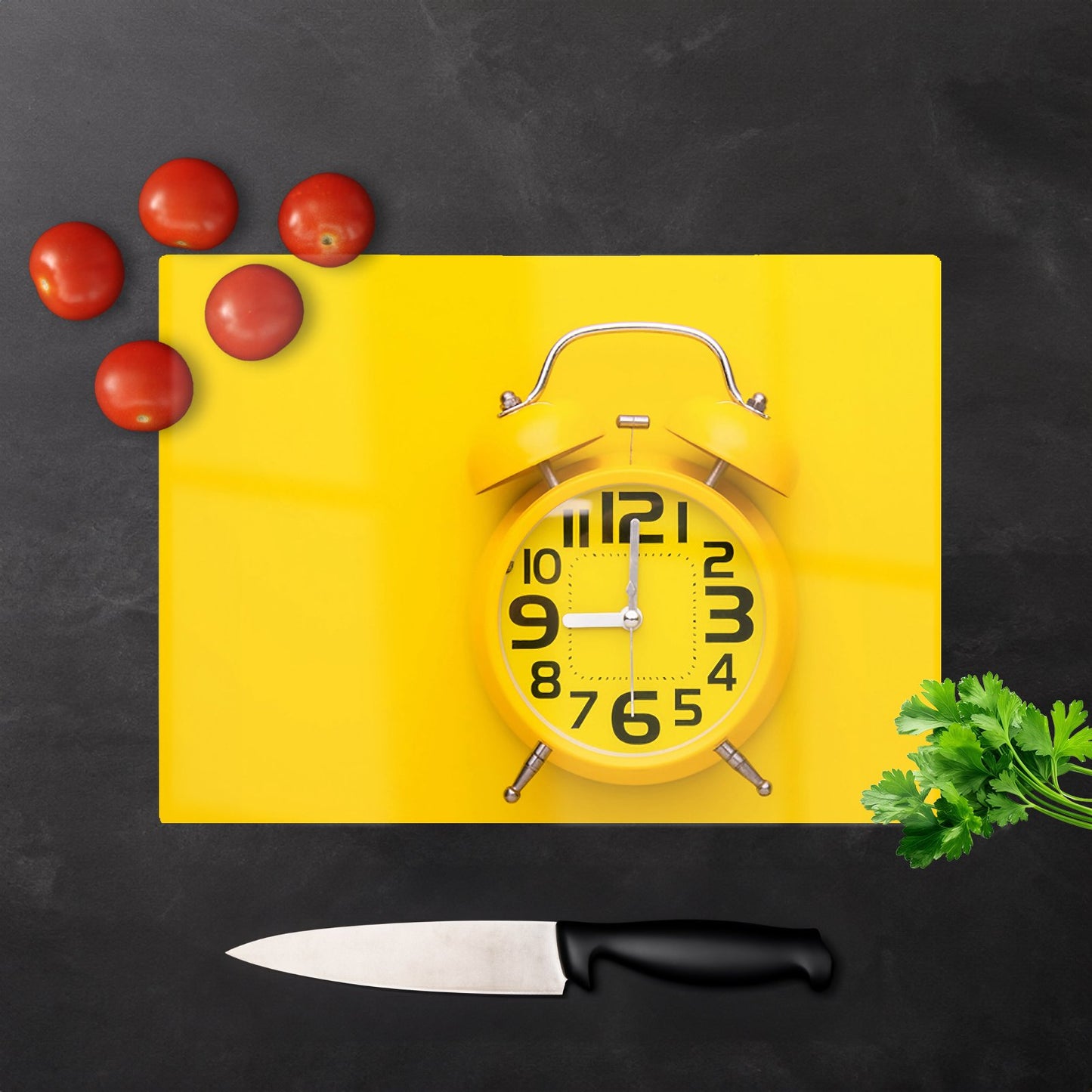 Yellow Alarm Clock Glass Chopping Board