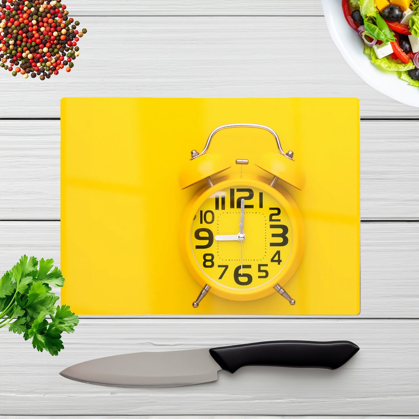 Yellow Alarm Clock Glass Chopping Board
