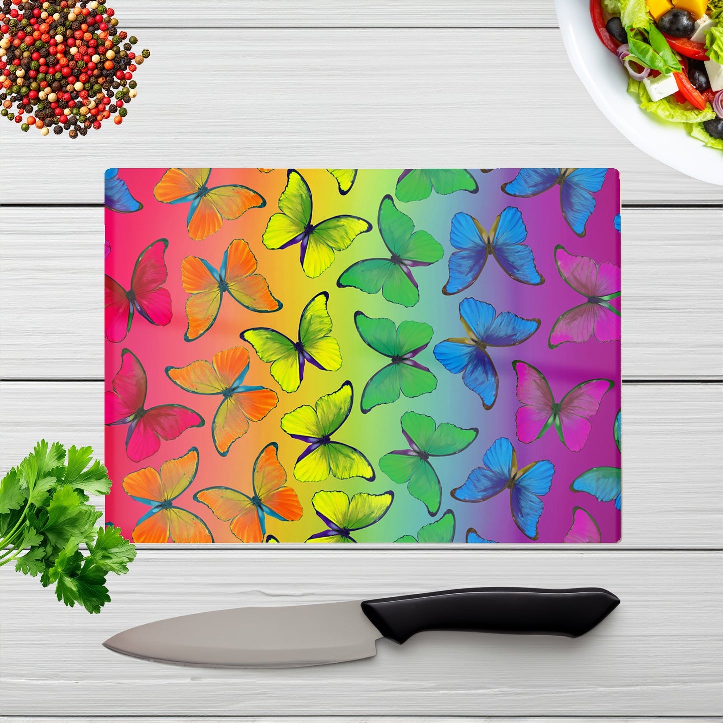 Multicoloured Butterfly Pattern Glass Chopping Board