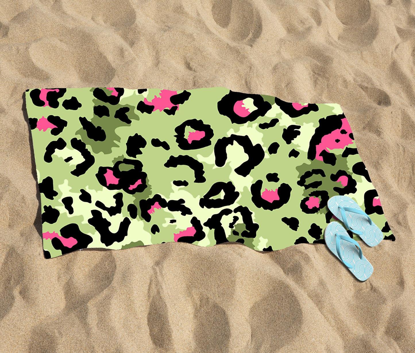 Green And Pink Leopard Print Beach Towel