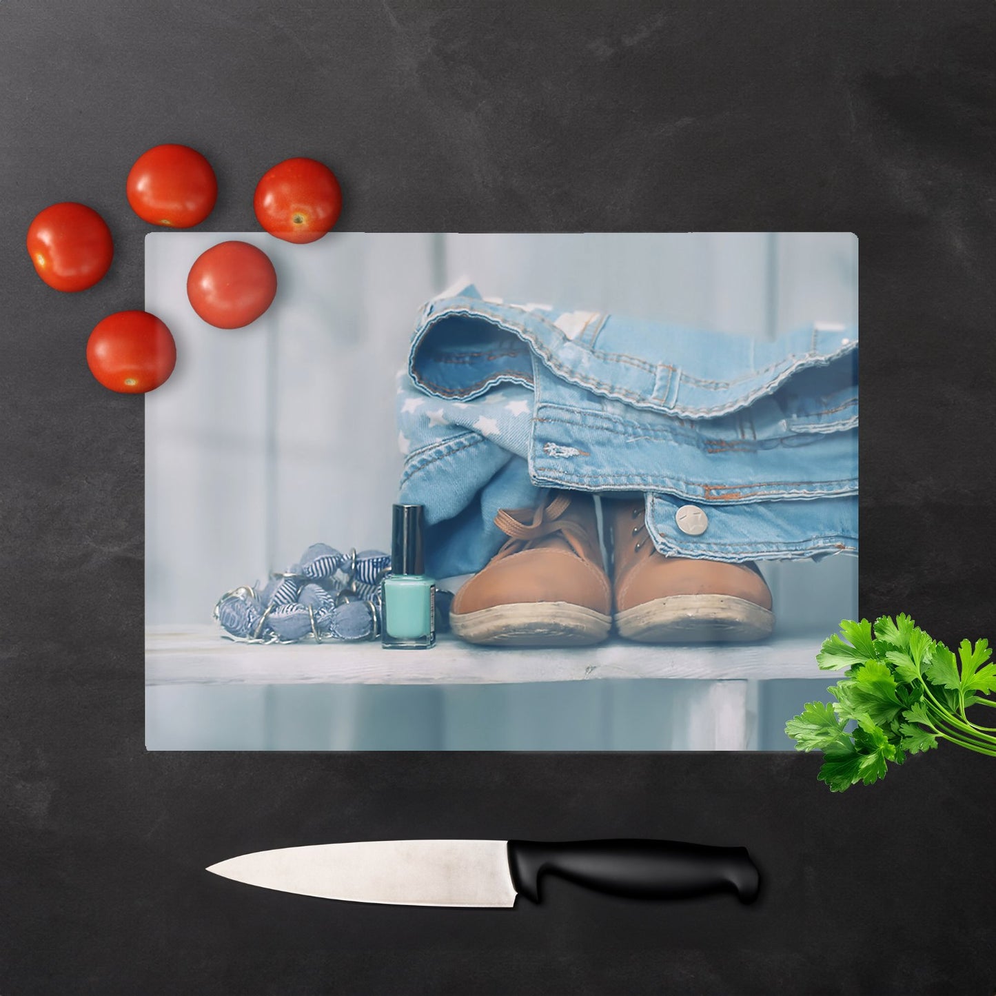 Shoes On The Bench Glass Chopping Board