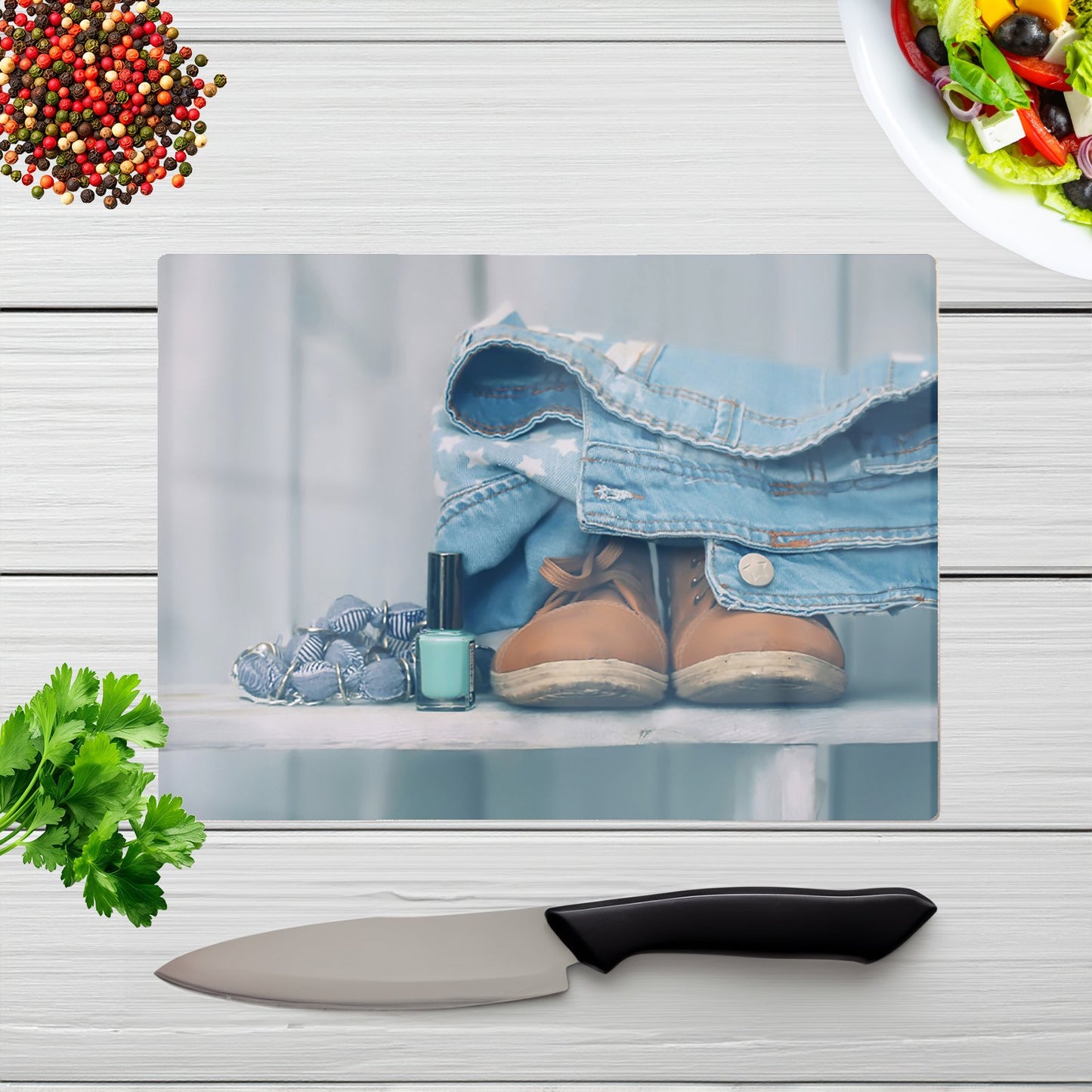 Shoes On The Bench Glass Chopping Board