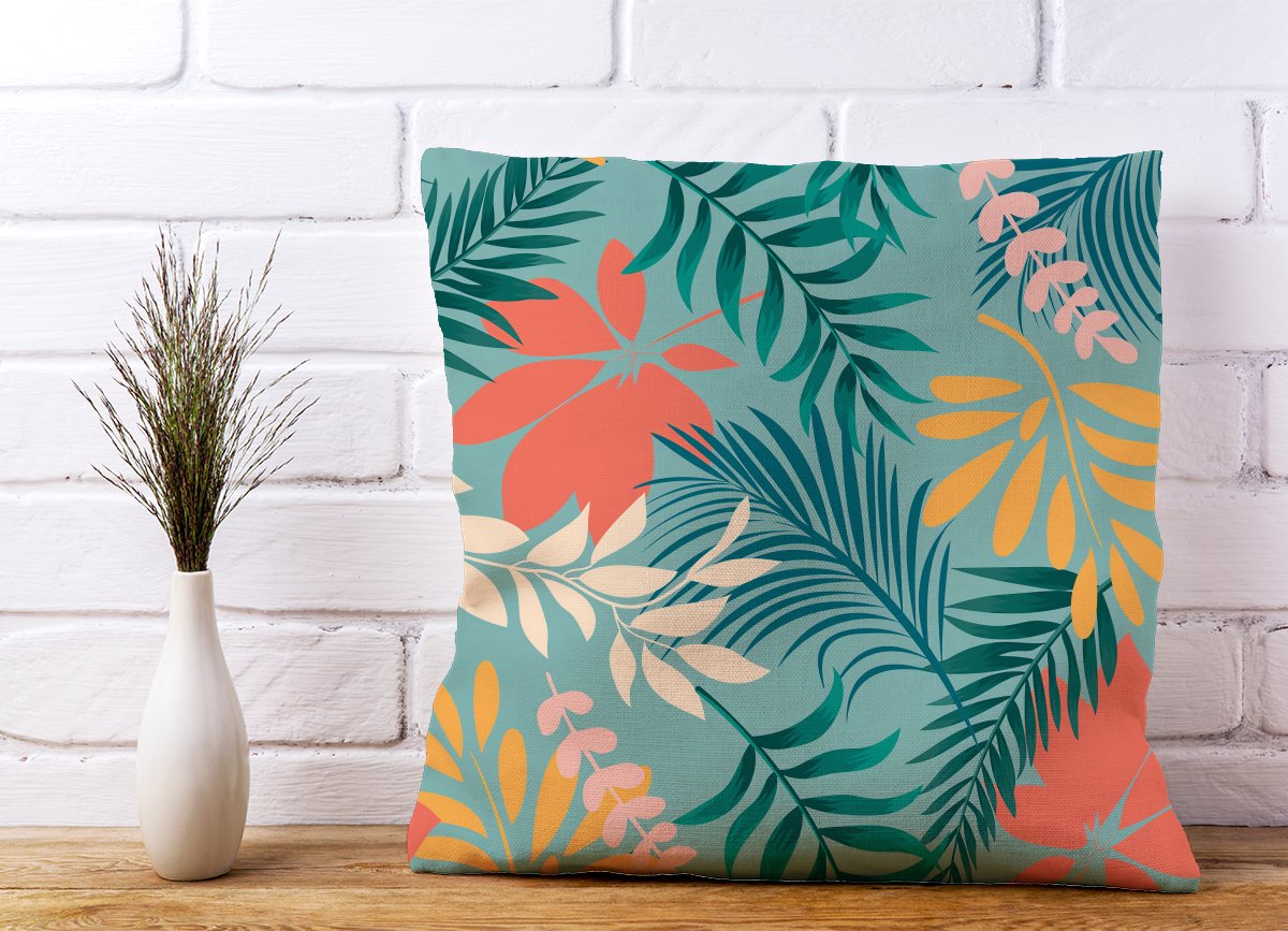Abstract Bright Colorful Tropical Leaves Cushions