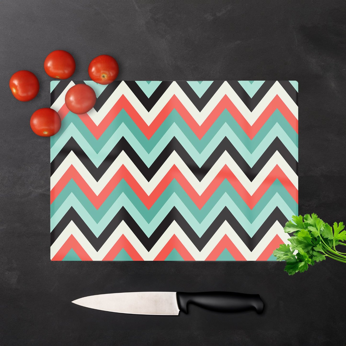 Geometric Colored Chevron Pattern Glass Chopping Board