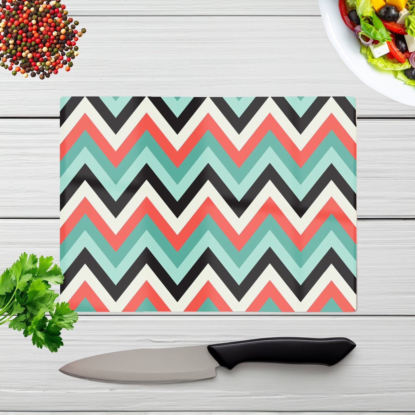 Geometric Colored Chevron Pattern Glass Chopping Board