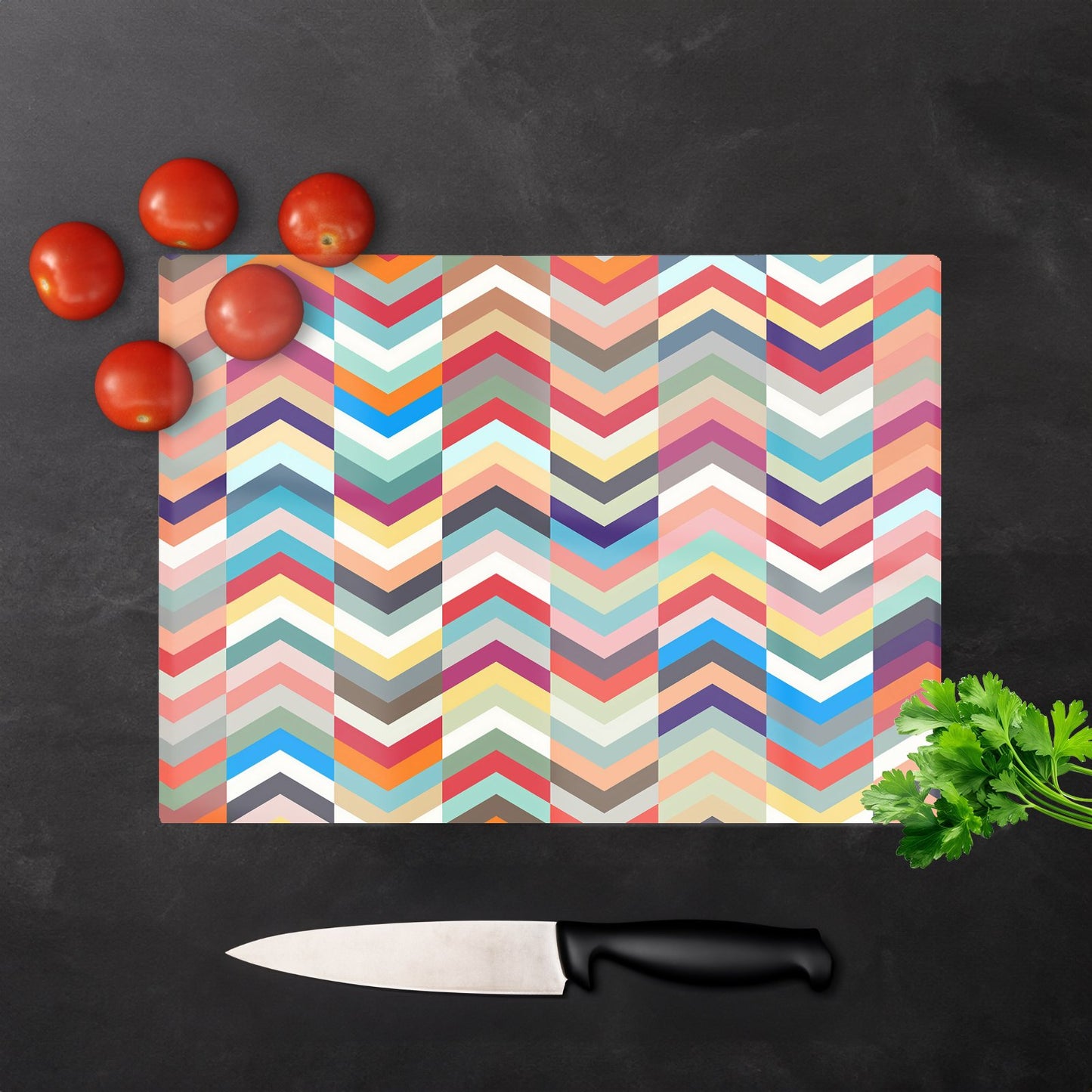 Geometric Multi Colored Chevron Pattern Glass Chopping Board