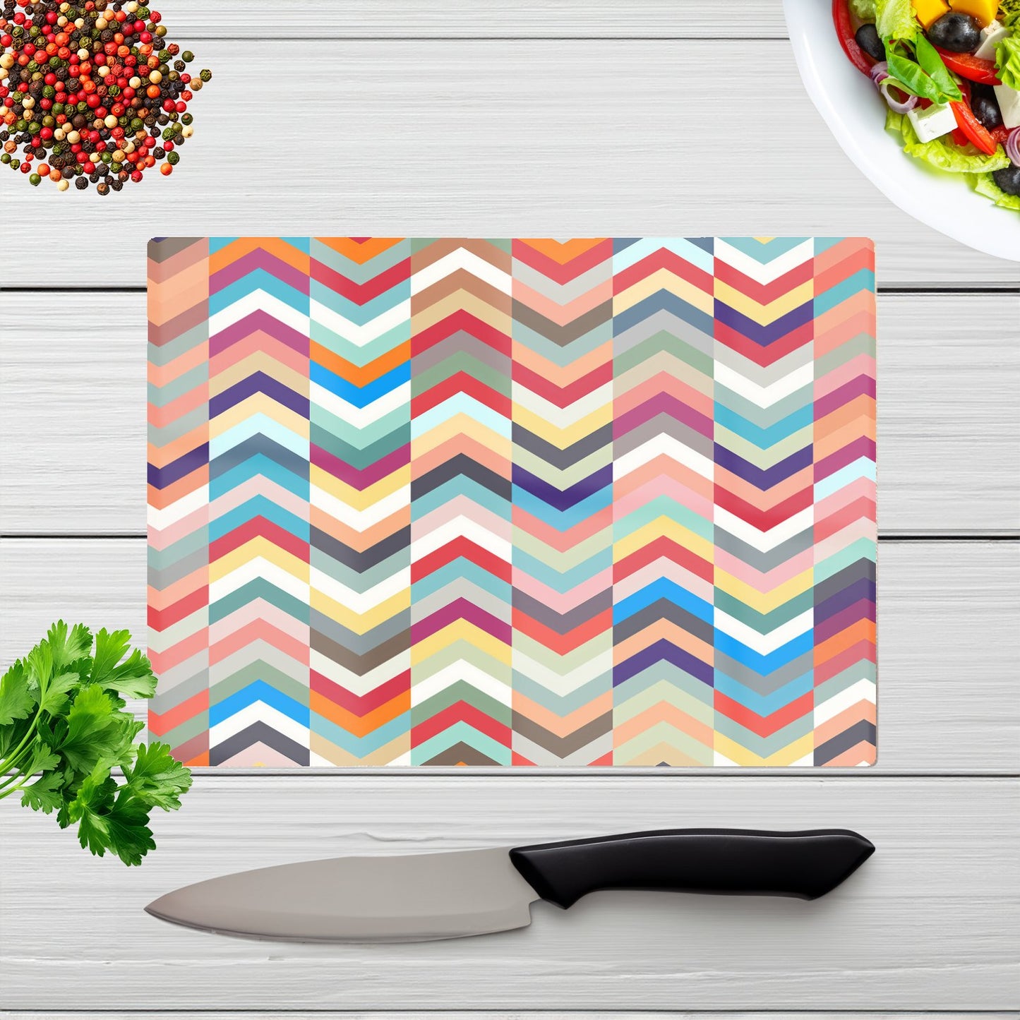 Geometric Multi Colored Chevron Pattern Glass Chopping Board