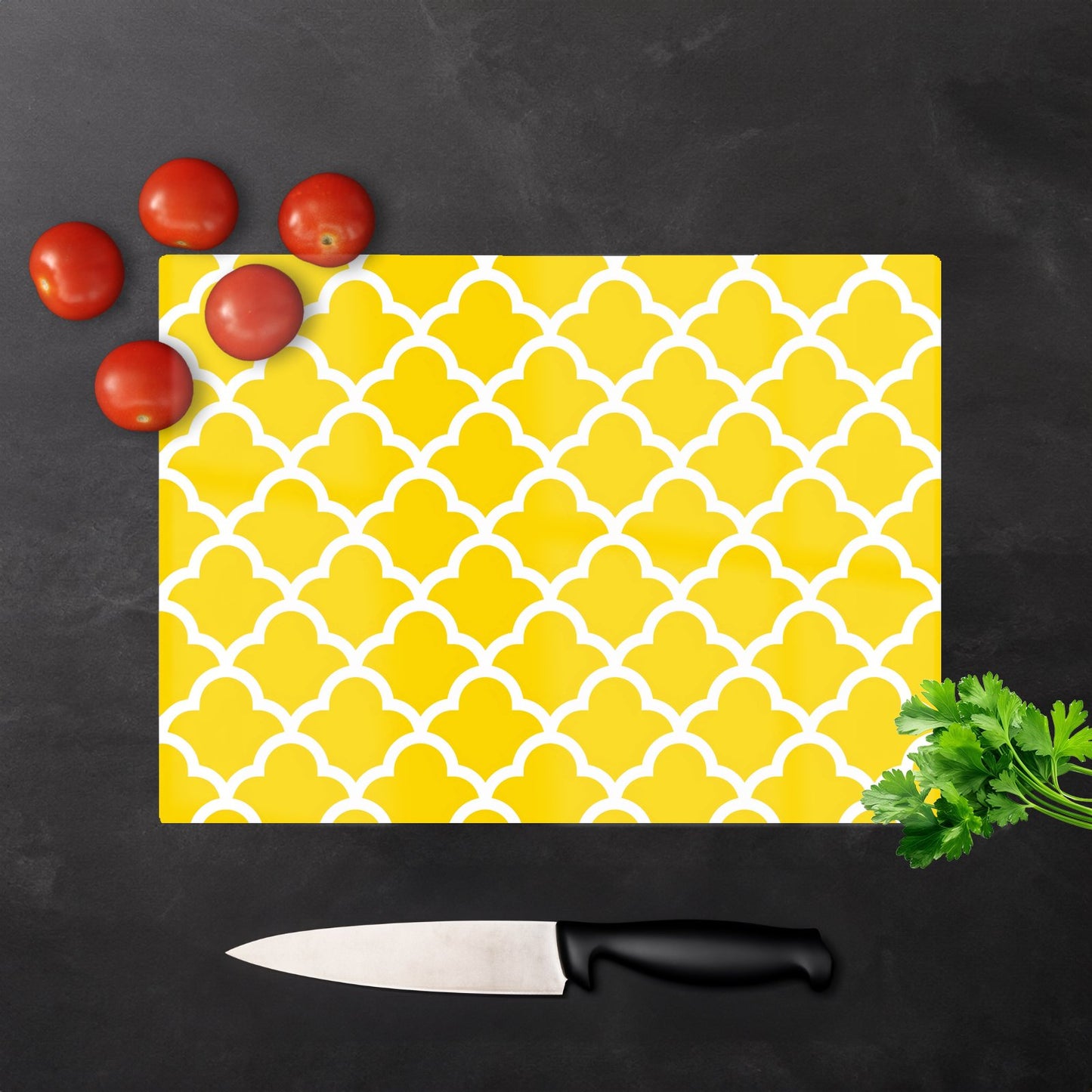 Geometric Yellow Quatrefoil Wave Glass Chopping Board