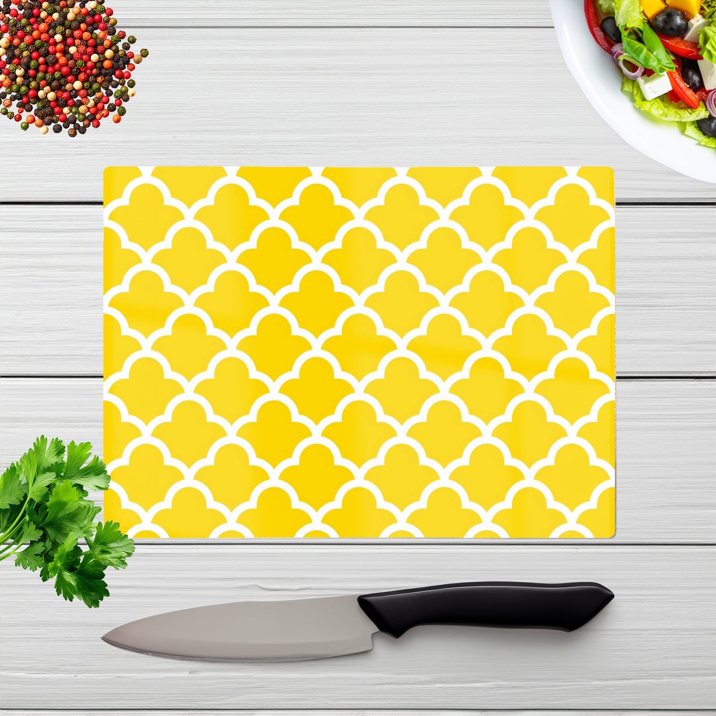 Geometric Yellow Quatrefoil Wave Glass Chopping Board