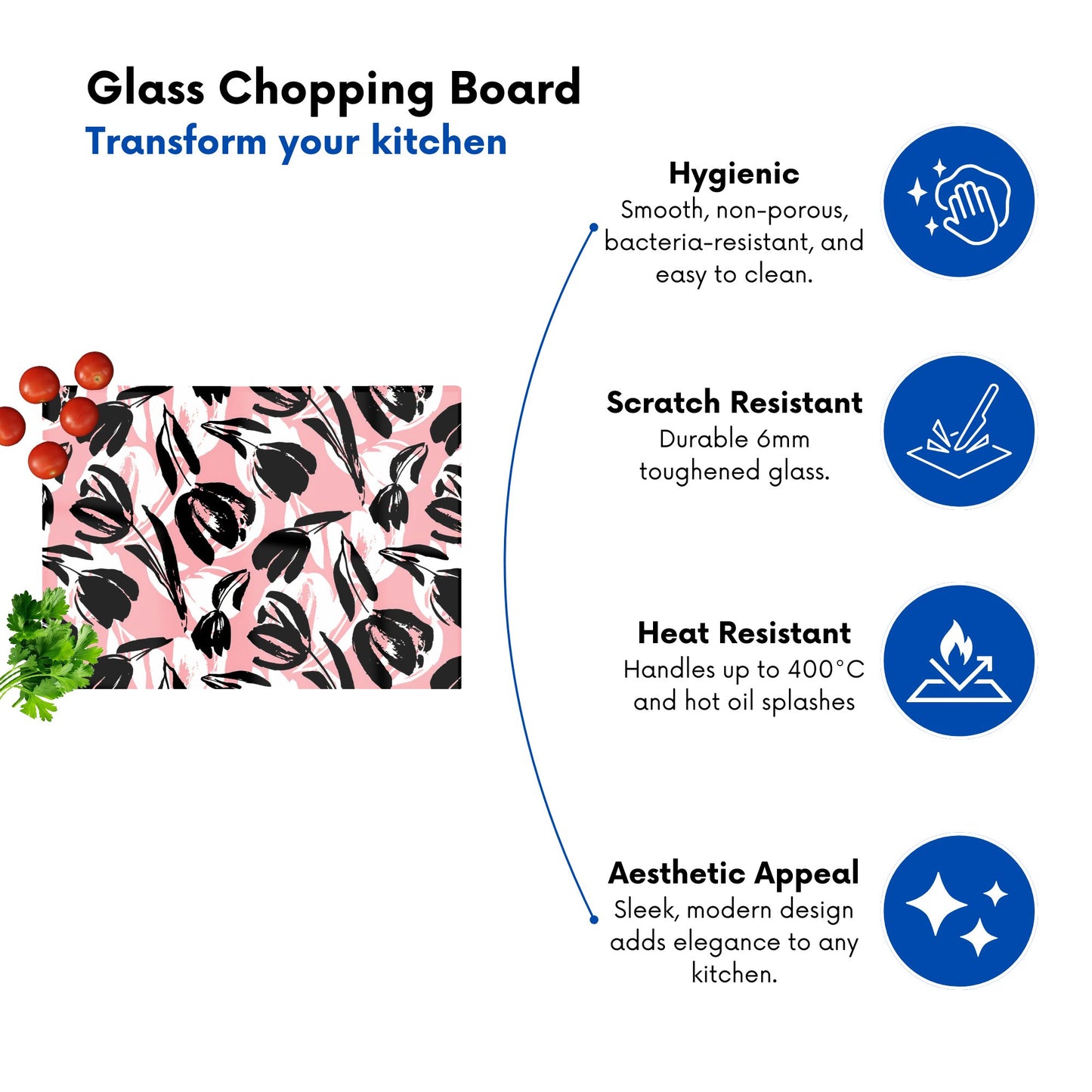 Nature Flat Spring Flower Motif Glass Chopping Board