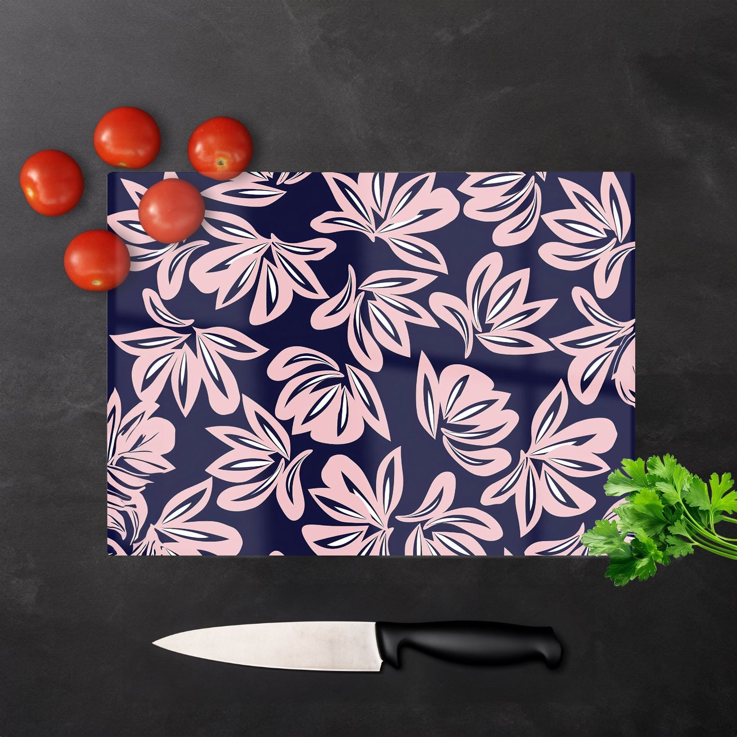 Pink Navy Floral Botanical Pattern Glass Chopping Board