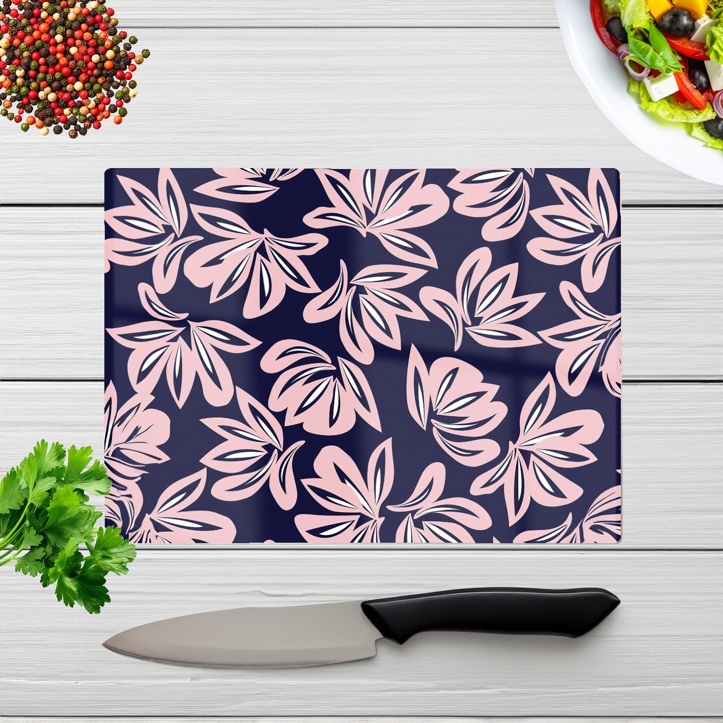 Pink Navy Floral Botanical Pattern Glass Chopping Board