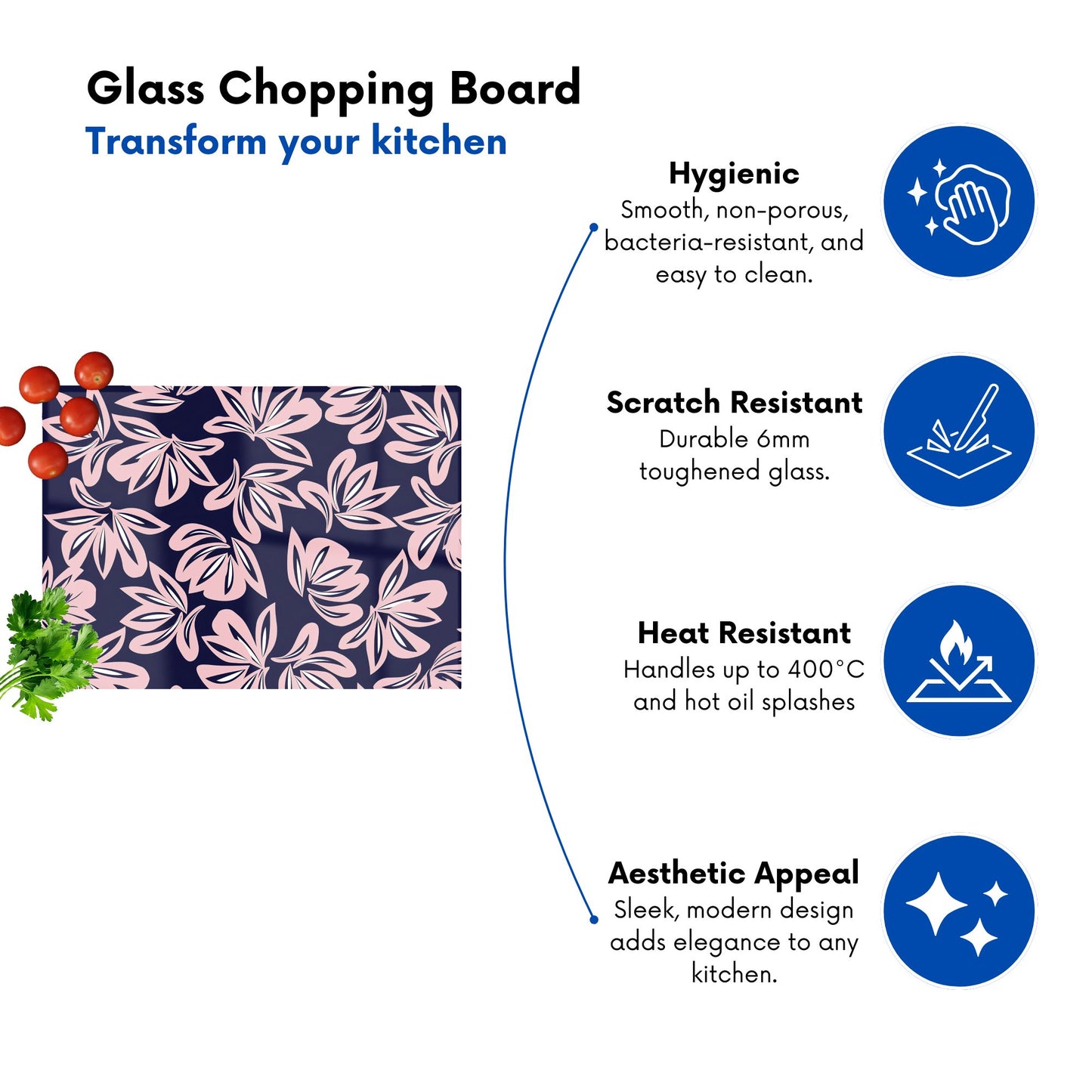 Pink Navy Floral Botanical Pattern Glass Chopping Board