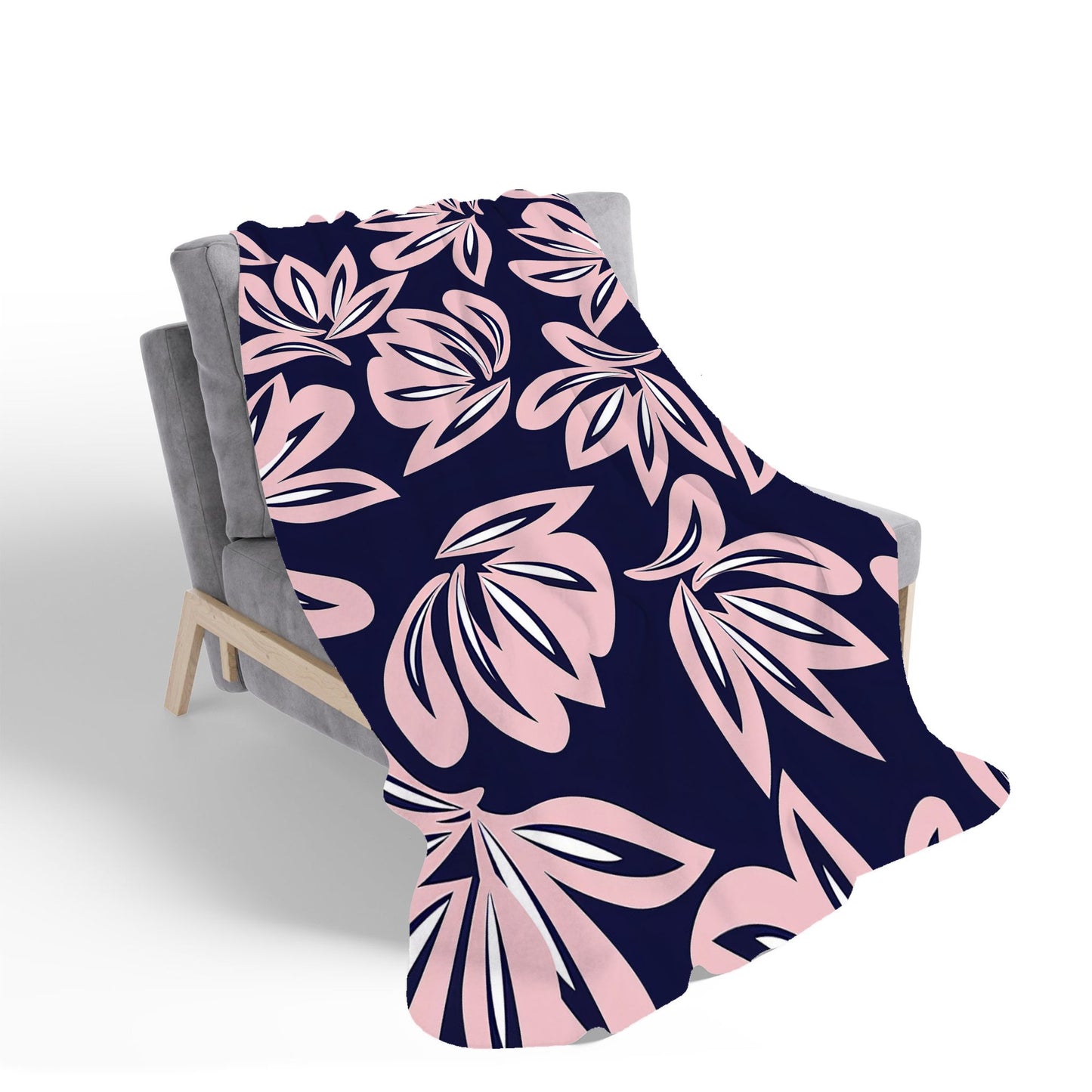 Pink Navy Floral Botanical Pattern Sherpa Blanket