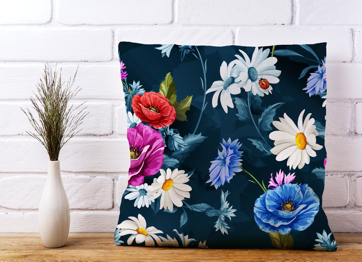 Poppy Flowers With Chamomile Blue Cushions