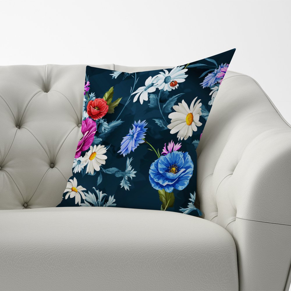 Poppy Flowers With Chamomile Blue Cushions