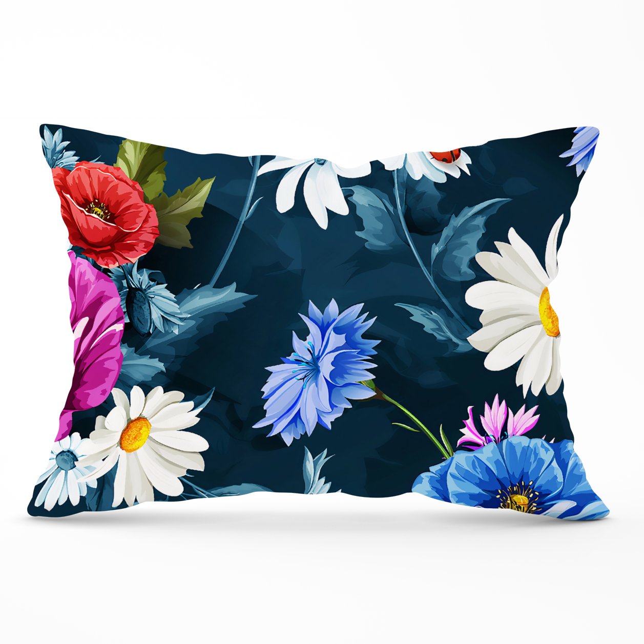 Poppy Flowers With Chamomile Blue Cushions