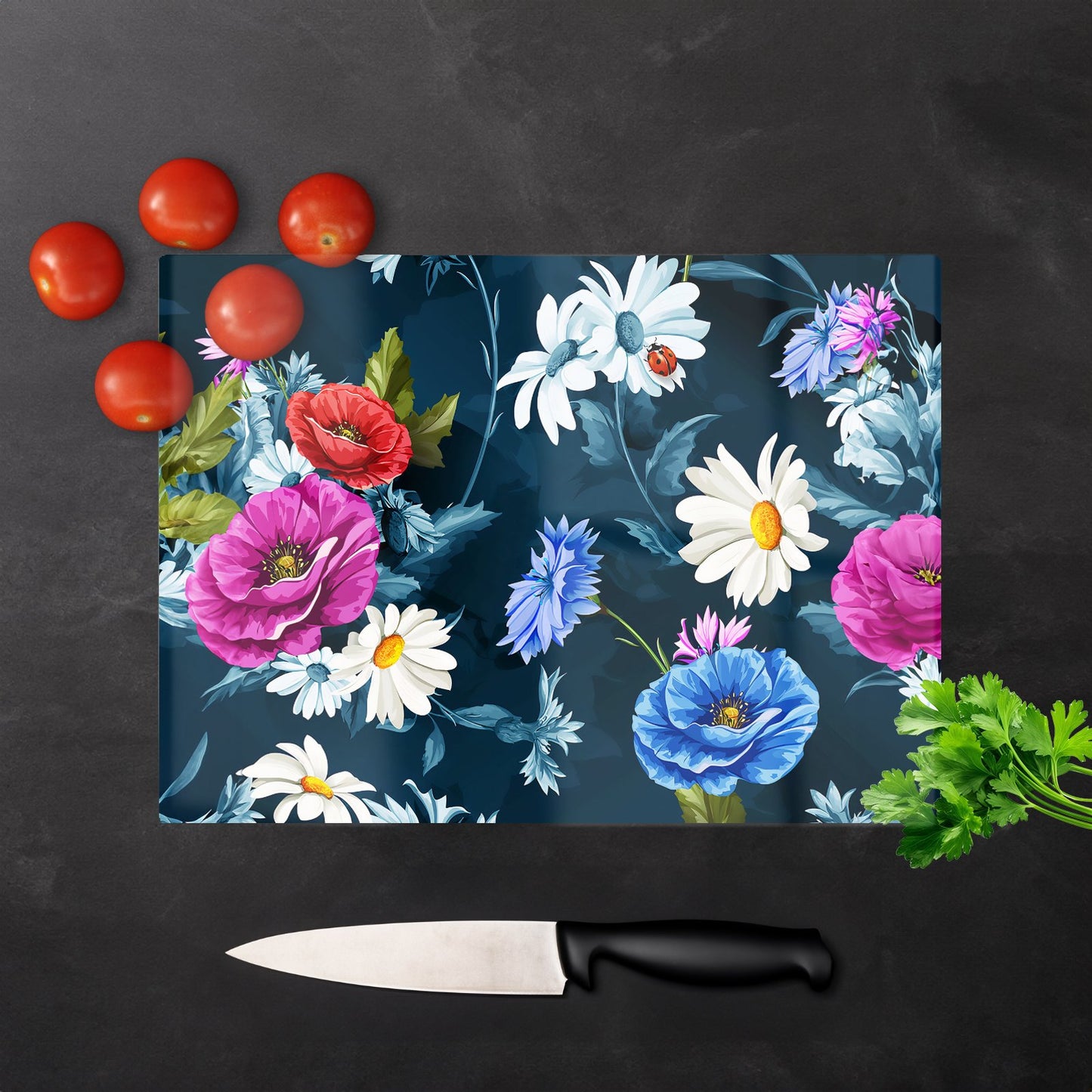 Poppy Flowers With Chamomile Glass Chopping Board