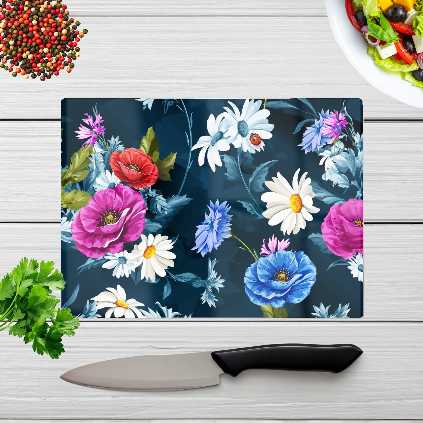 Poppy Flowers With Chamomile Glass Chopping Board