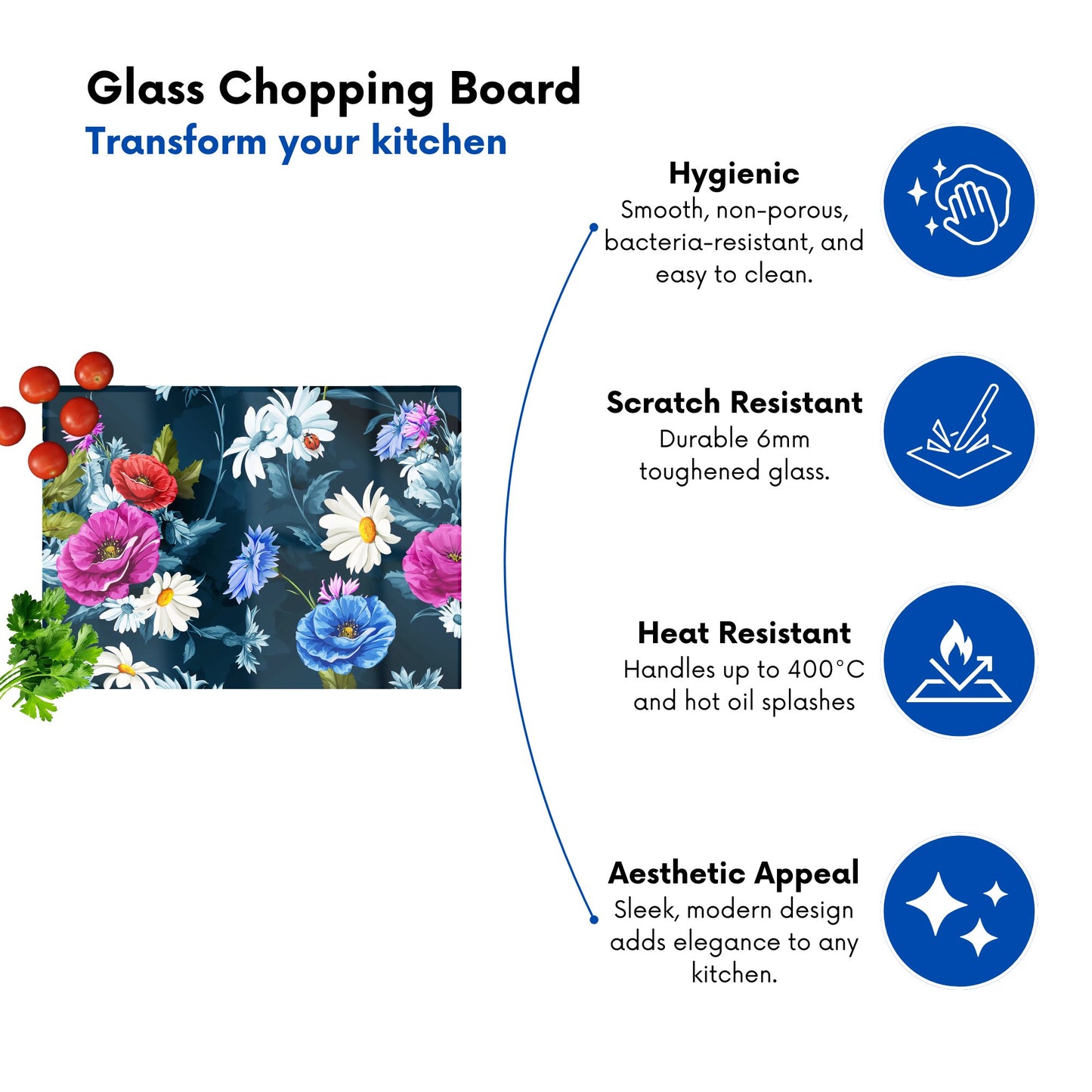 Poppy Flowers With Chamomile Glass Chopping Board