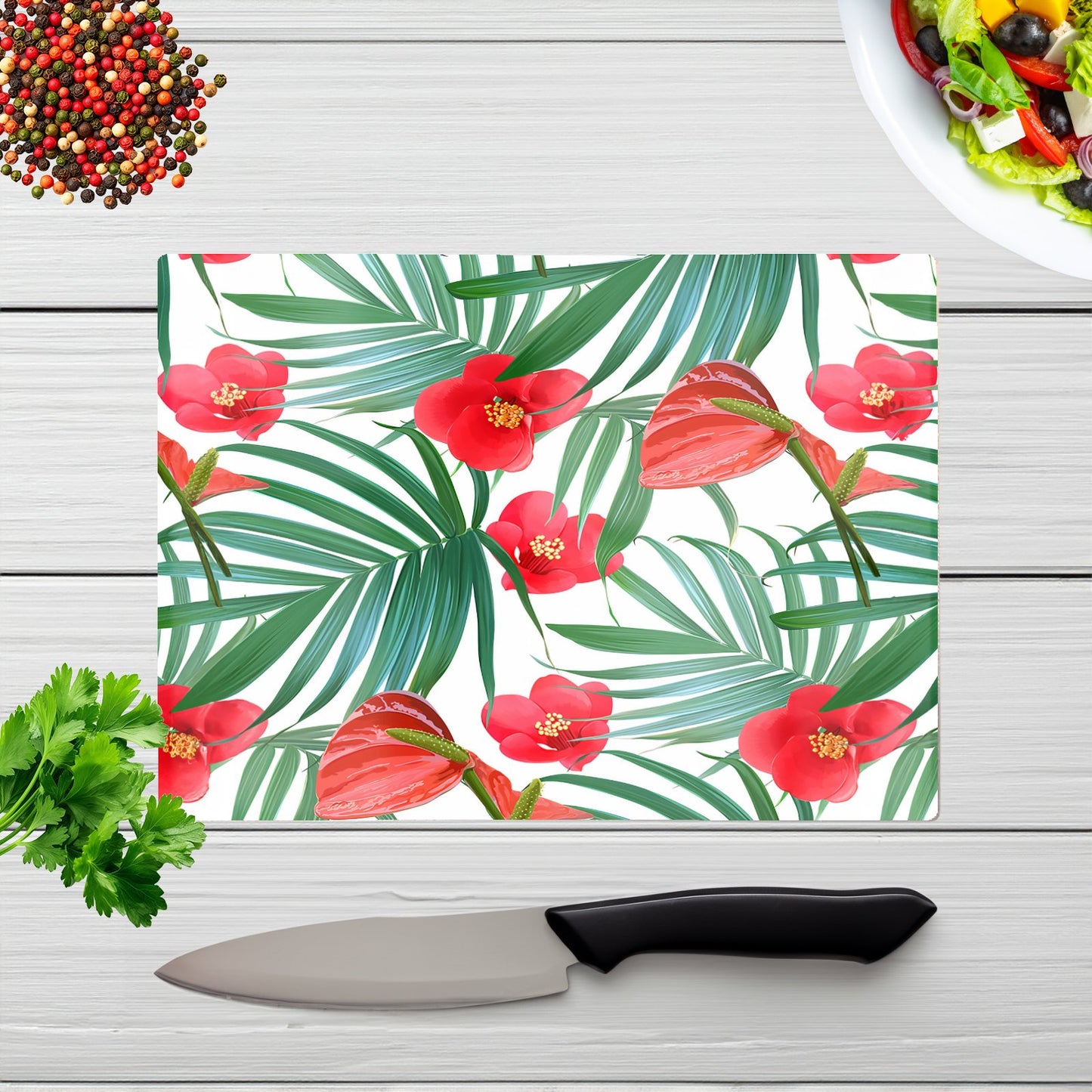 Tropical Flowers Palm Leaves Hawaiian Glass Chopping Board