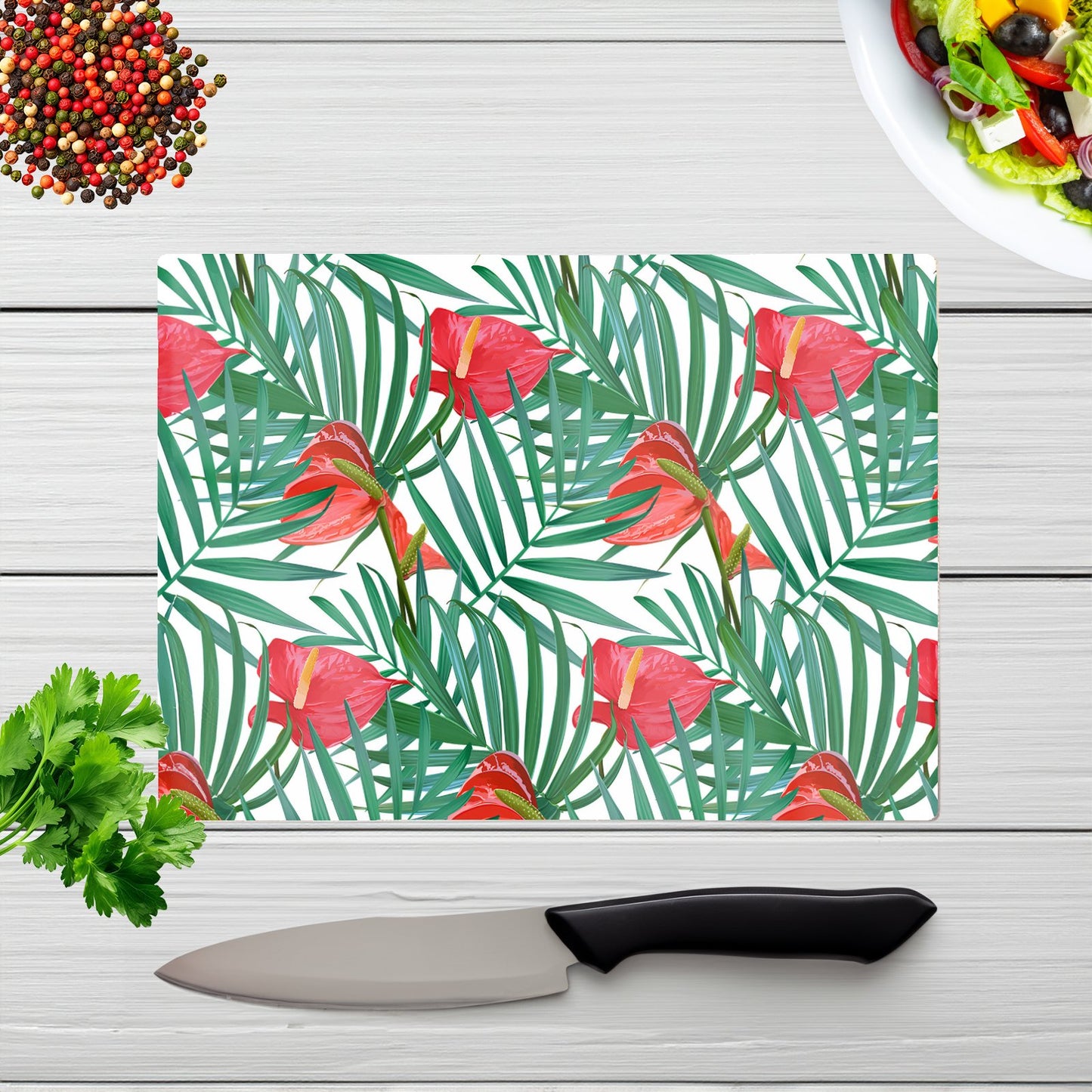 Tropical Flowers And Palm Leaves Glass Chopping Board