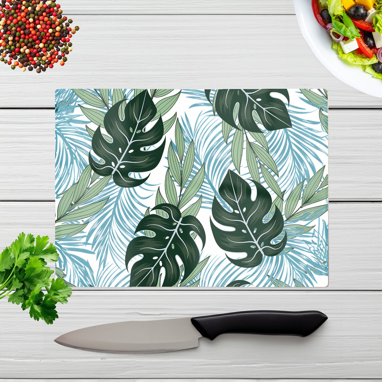 Tropical Pattern Bright Plants Flowers Glass Chopping Board