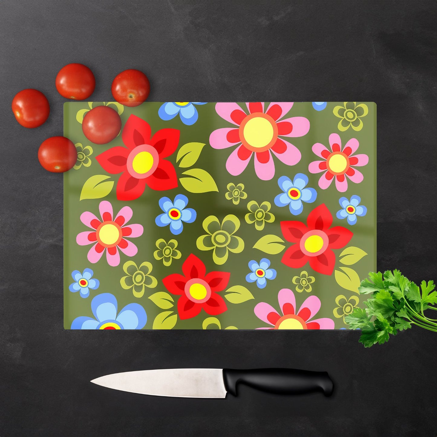 Red And Blue Flowers Glass Chopping Board