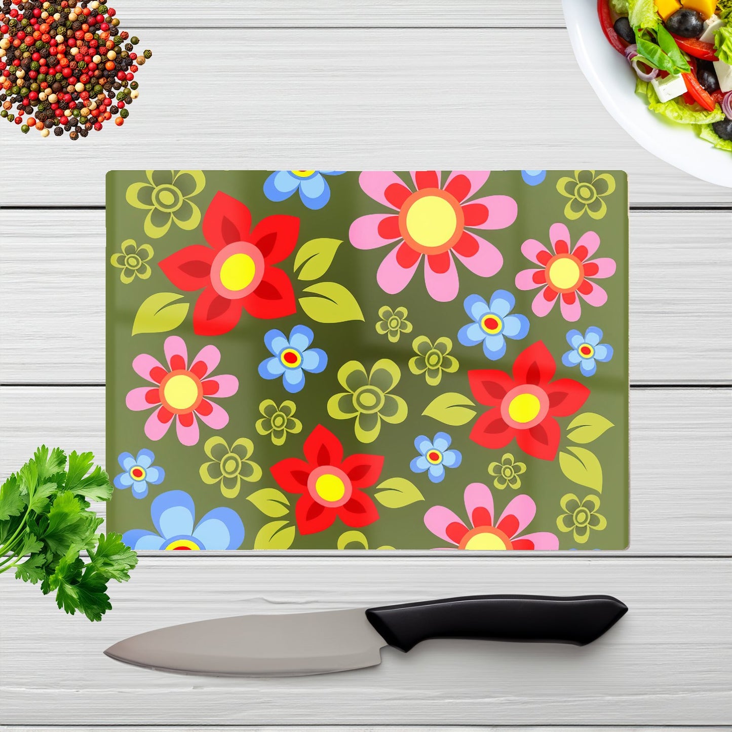 Red And Blue Flowers Glass Chopping Board