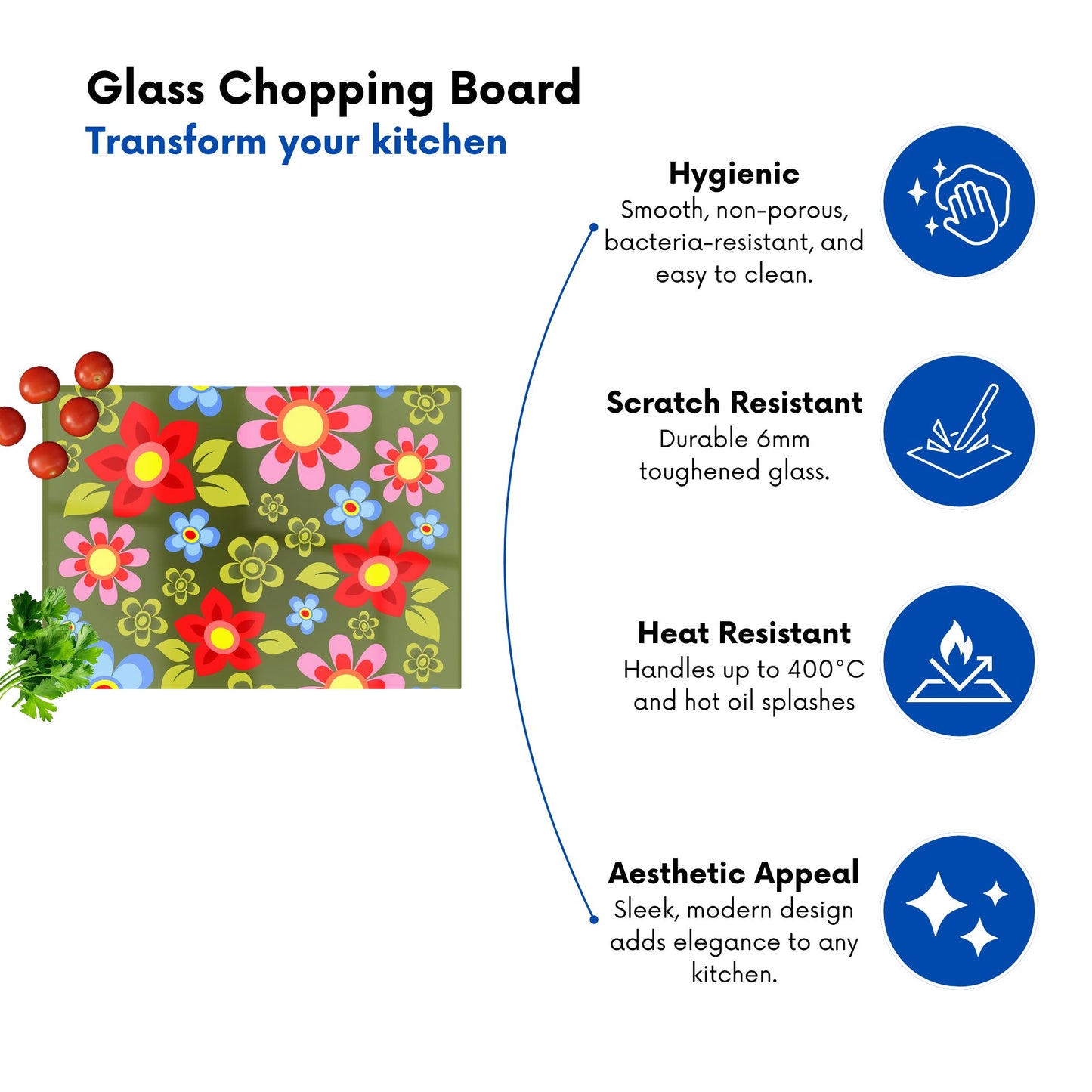 Red And Blue Flowers Glass Chopping Board