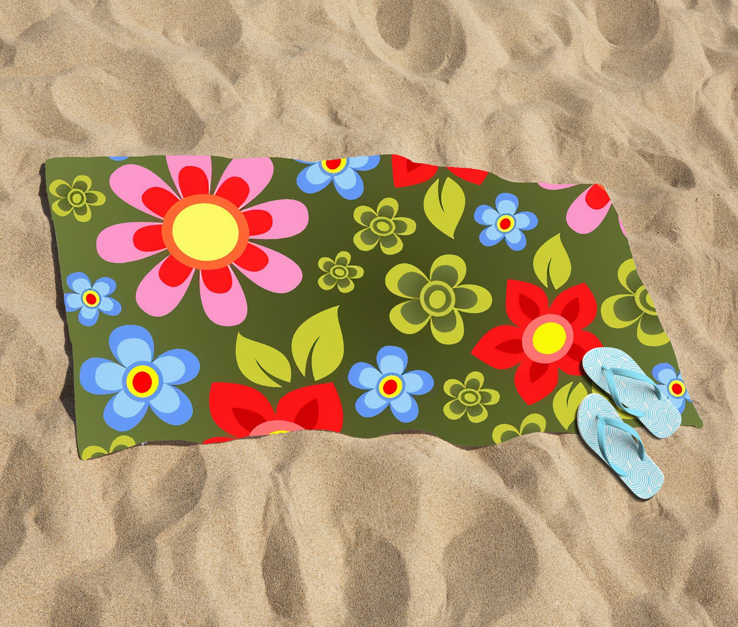 Red And Blue Flowers Beach Towel