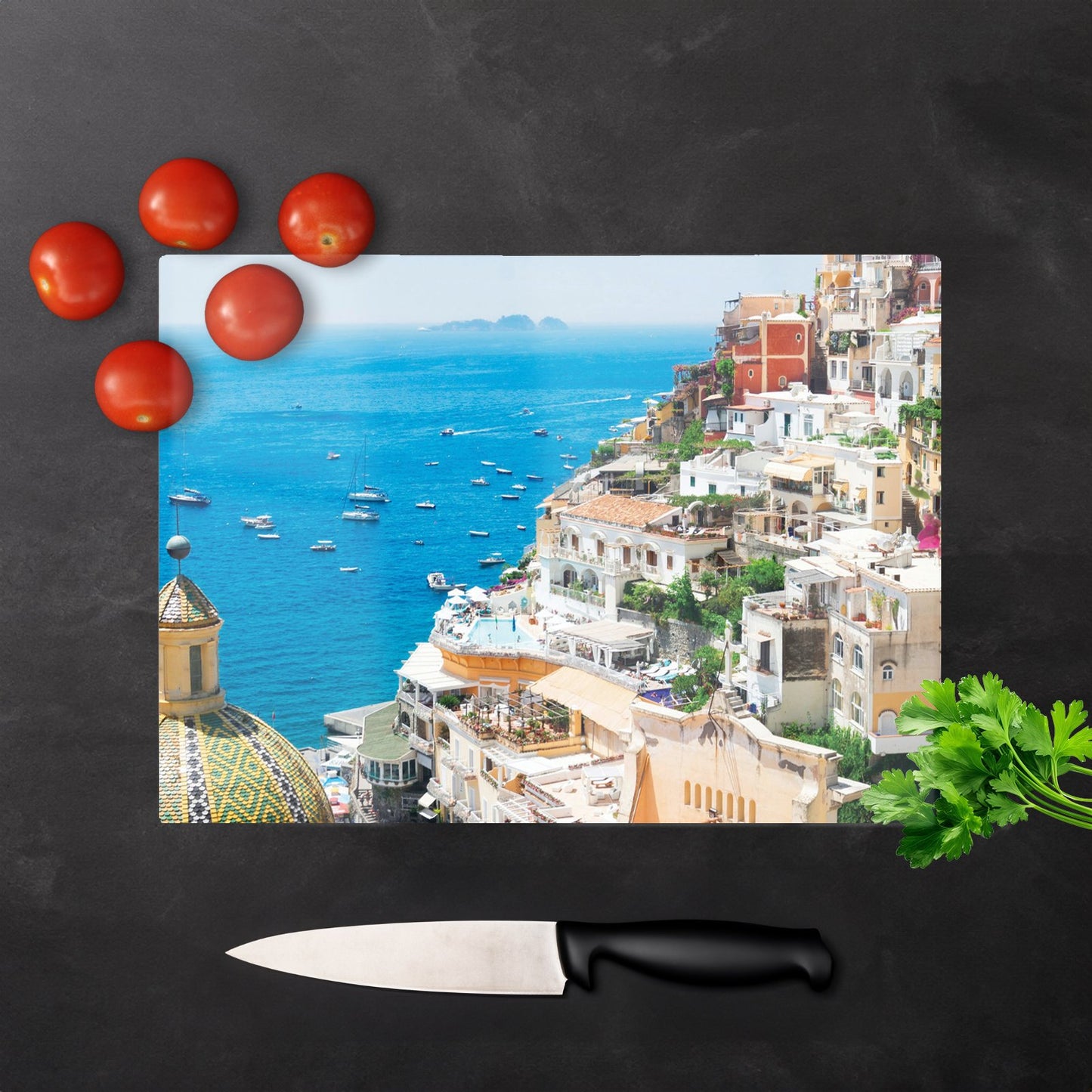 Positano With Flowers Italy Glass Chopping Board