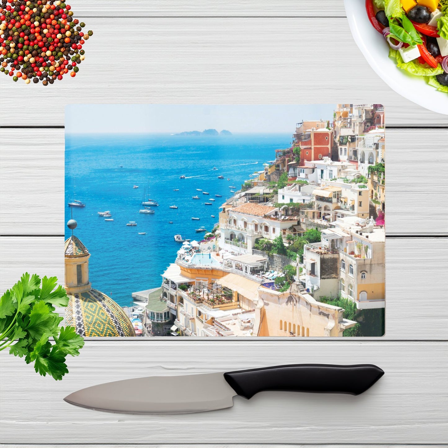 Positano With Flowers Italy Glass Chopping Board
