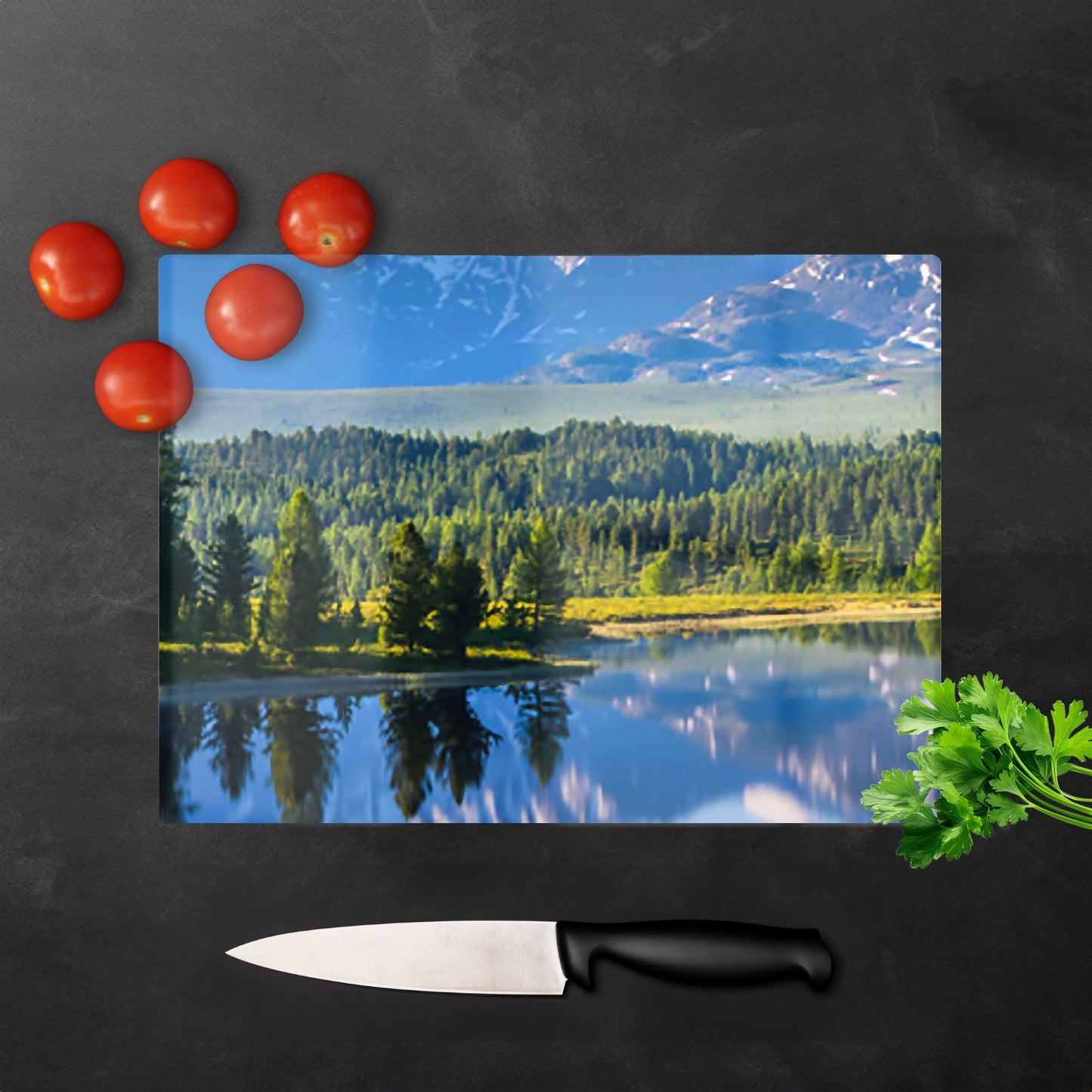 Summer Mountain Lake Glass Chopping Board