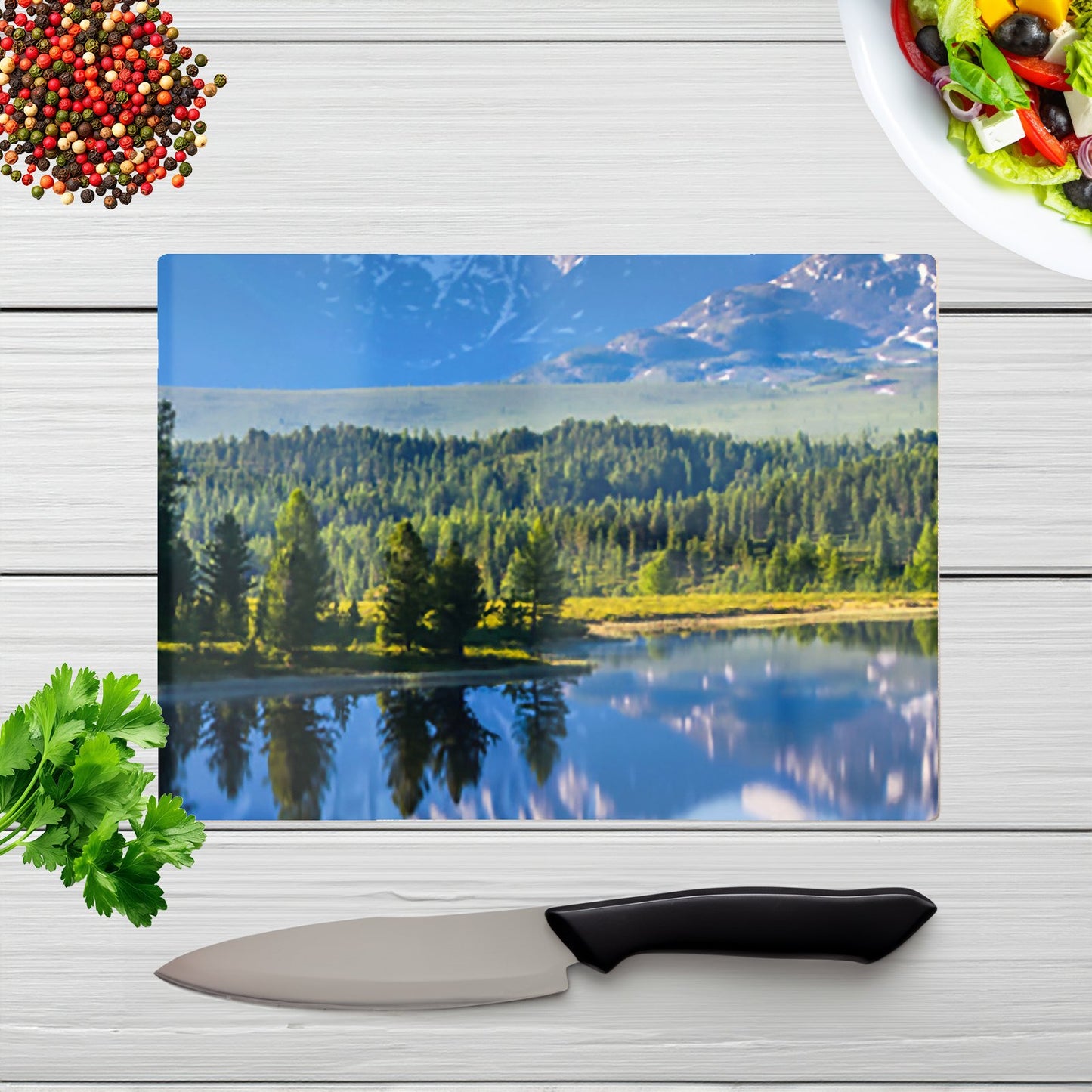 Summer Mountain Lake Glass Chopping Board