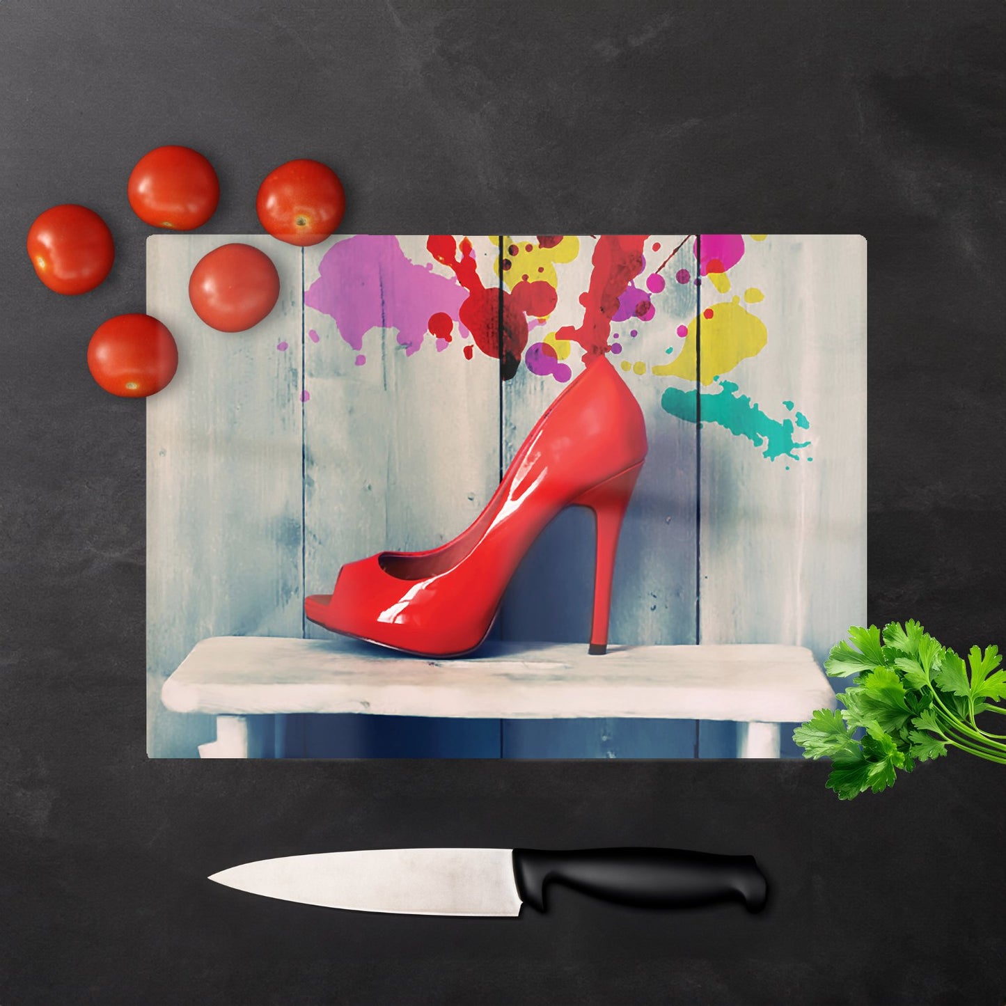 Retro Red Shoes Glass Chopping Board