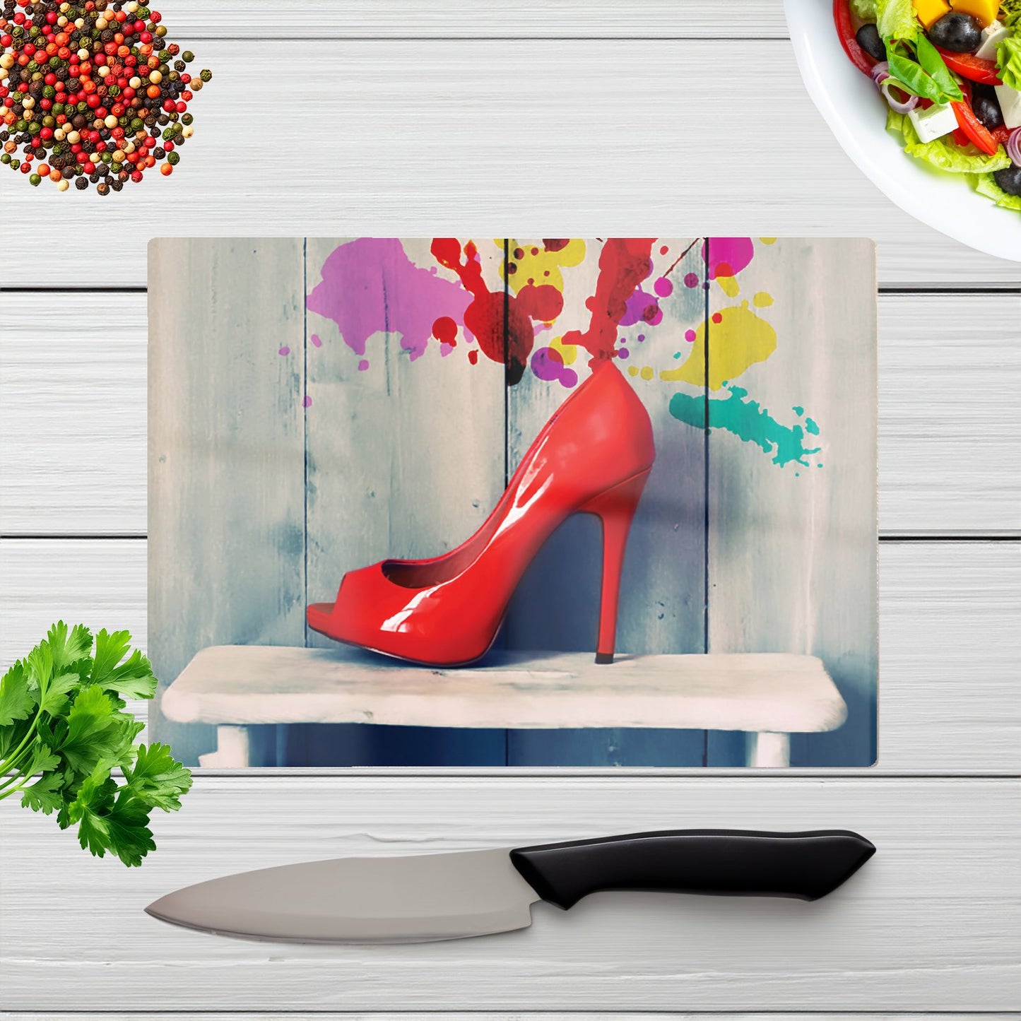 Retro Red Shoes Glass Chopping Board