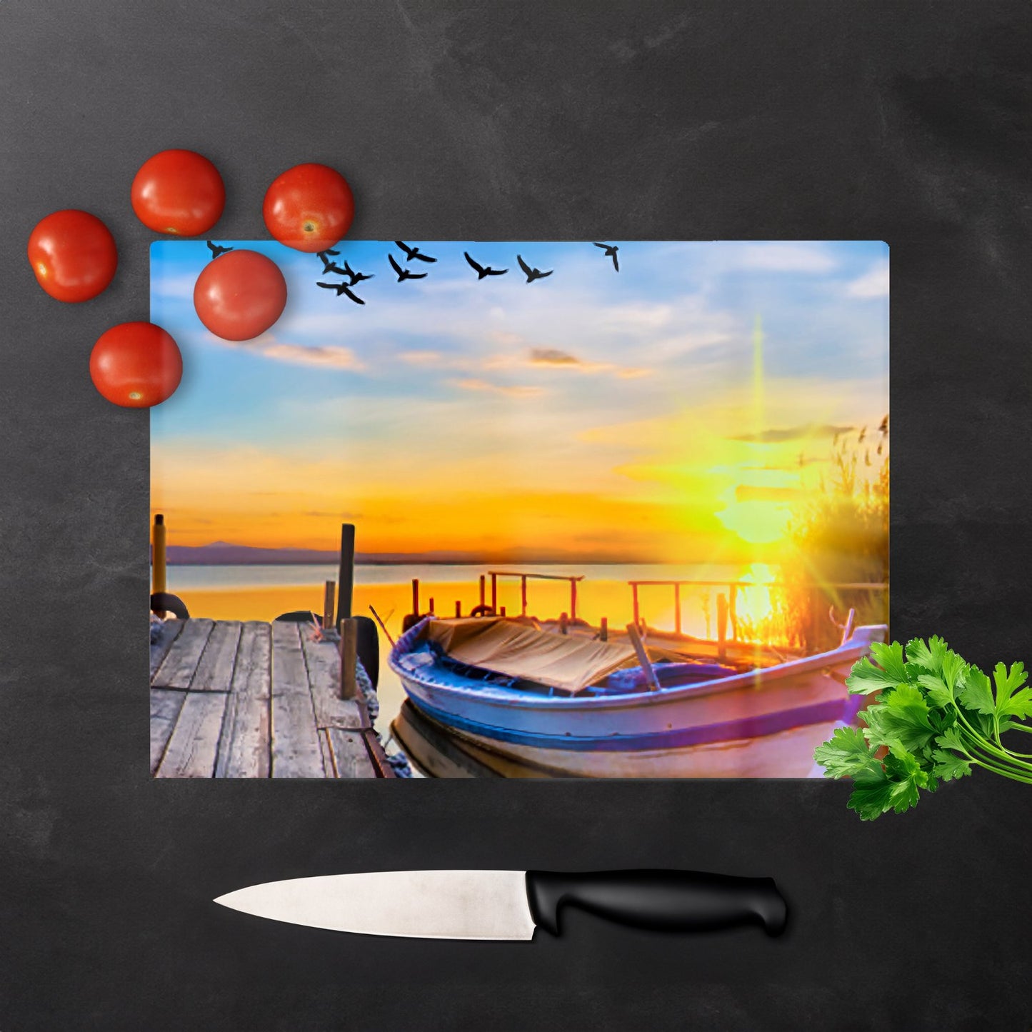 Sunset Of Colours At The Lake Glass Chopping Board