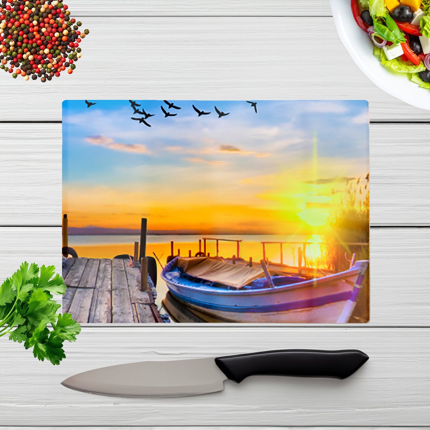 Sunset Of Colours At The Lake Glass Chopping Board