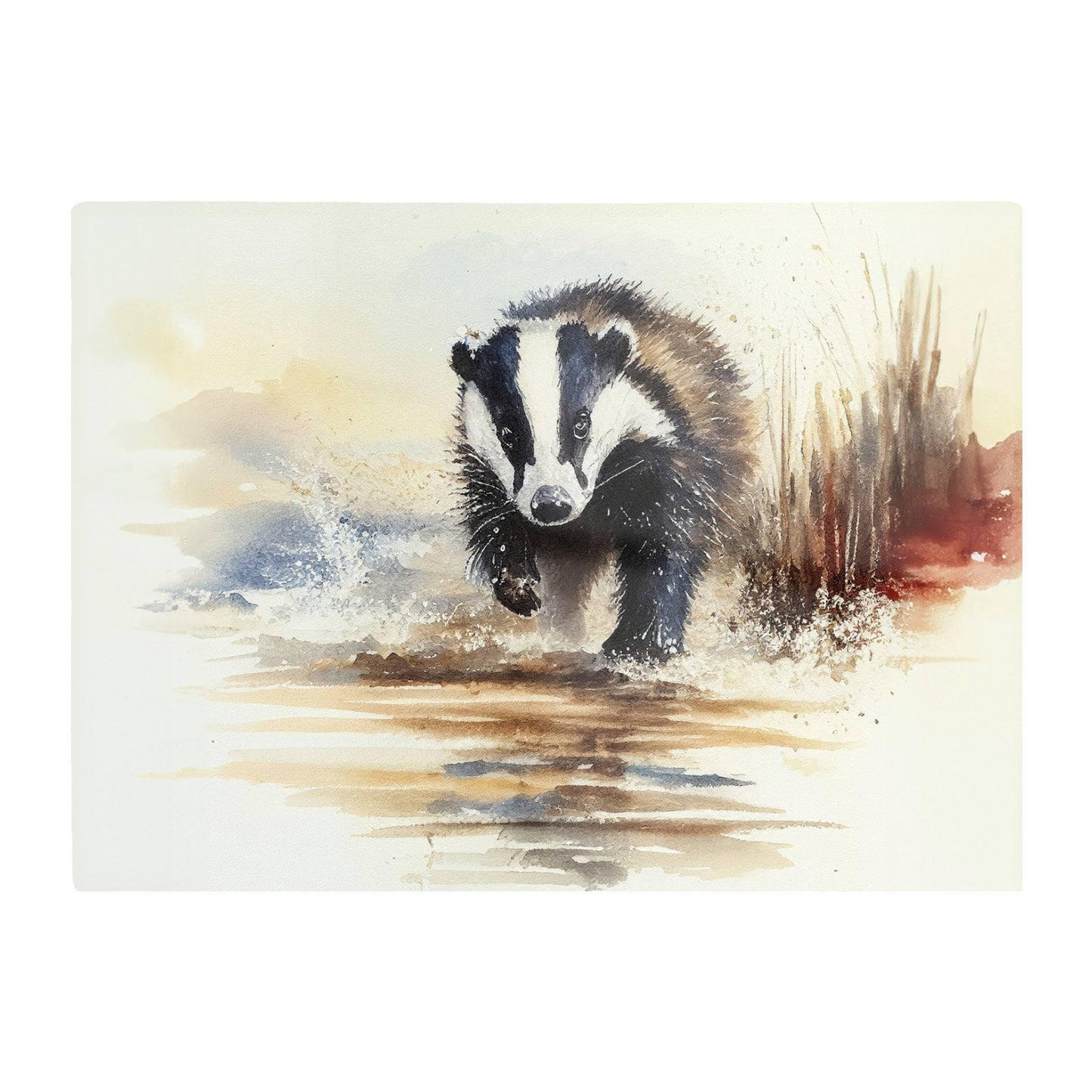 Wading Badger Watercolour Glass Chopping Board