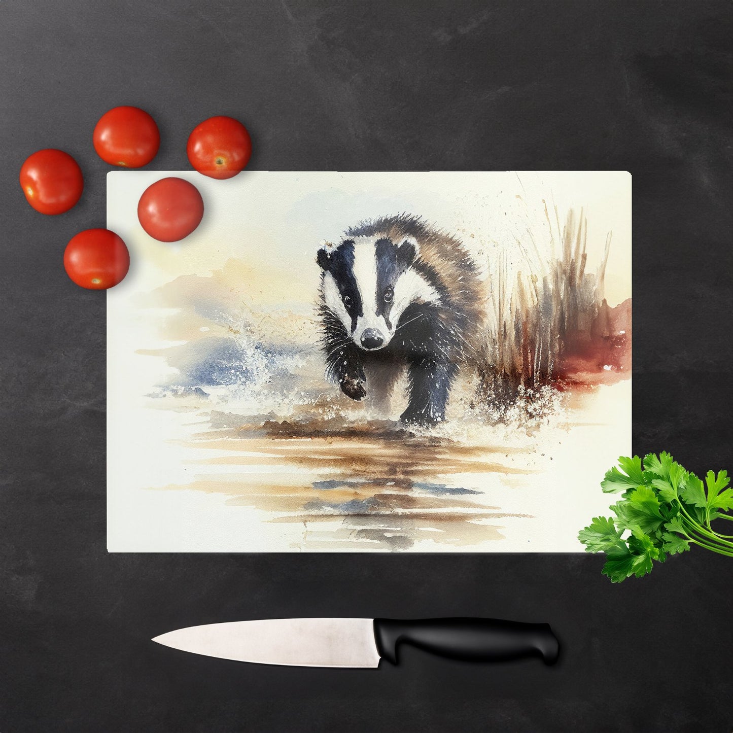 Wading Badger Watercolour Glass Chopping Board