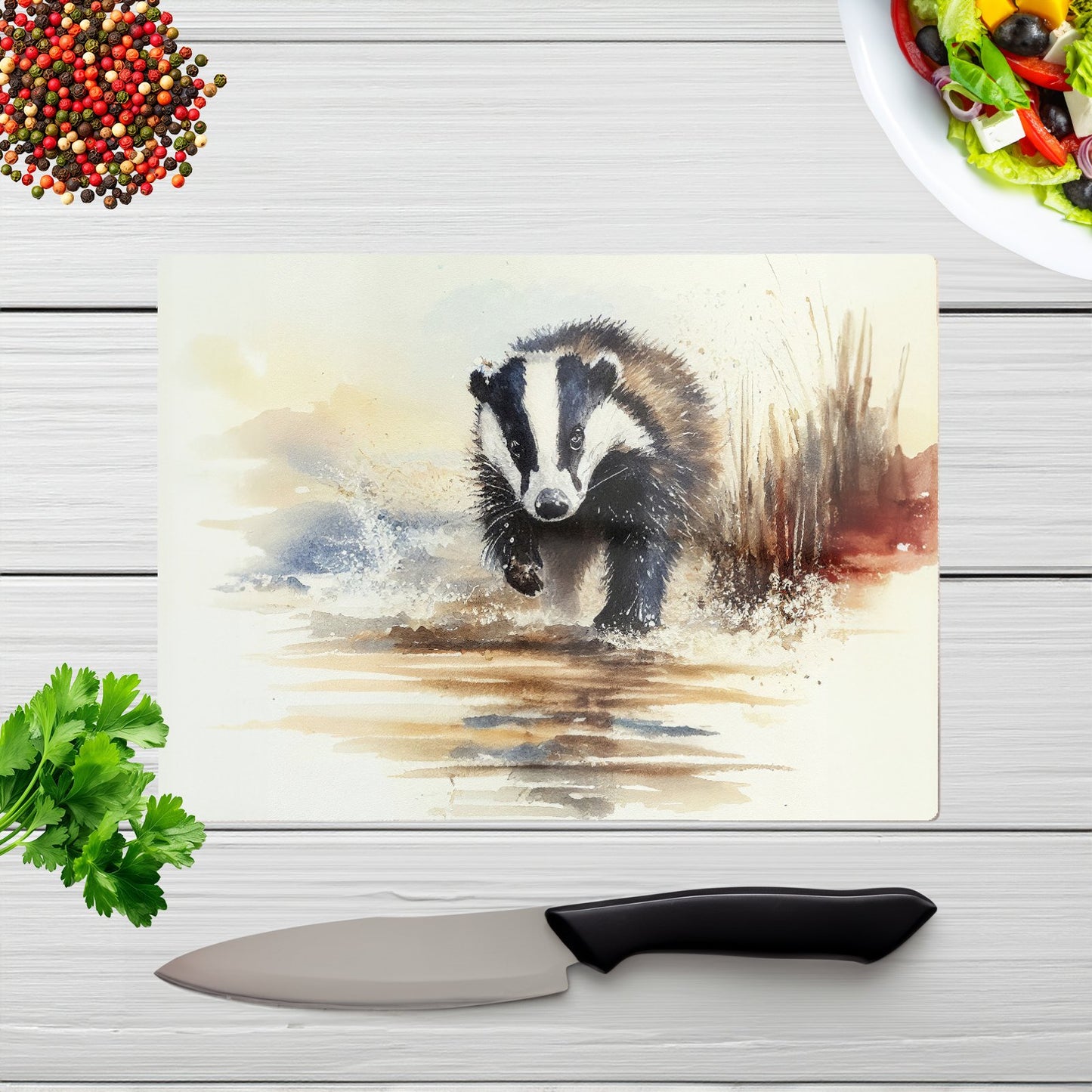 Wading Badger Watercolour Glass Chopping Board